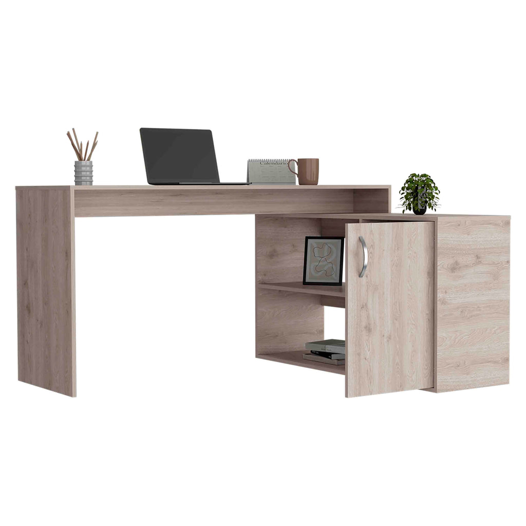 Antlia L-Shaped Writing Desk, Two Shelves, Single Door Cabinet