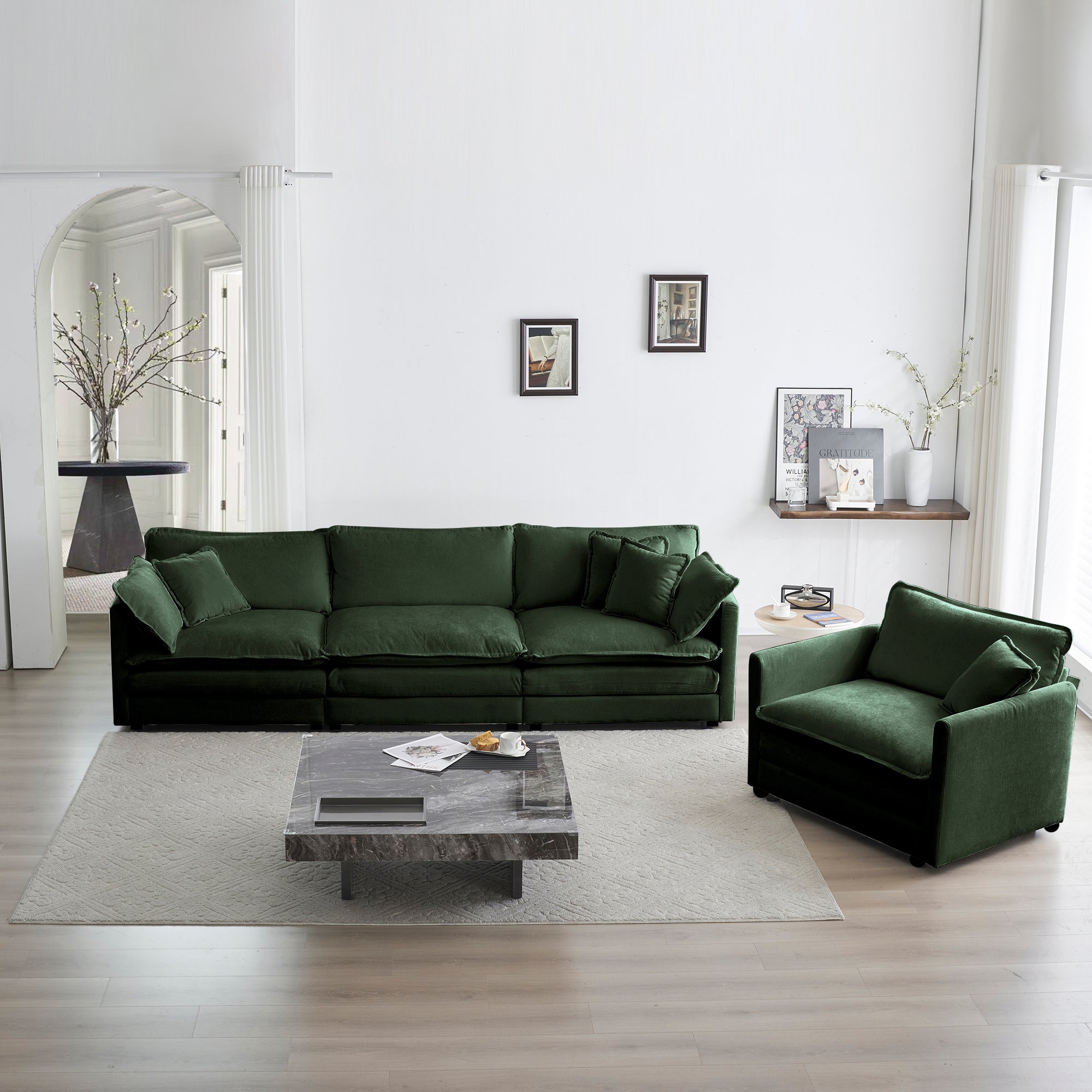 Sofa Set of 3, 1+1+3 Seats Living Room Sofa Set, Accent Chair, Loveseat, and Three-Seat Sofa Modern Style Round Arms 3 Piece Sofa Set, Green Chenille