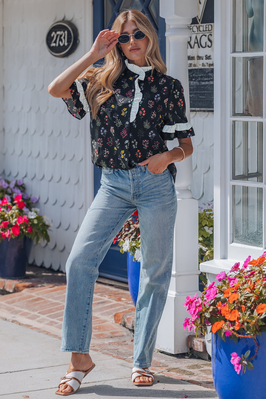 Floral Contrast Frill Trim Short Sleeve Shirt