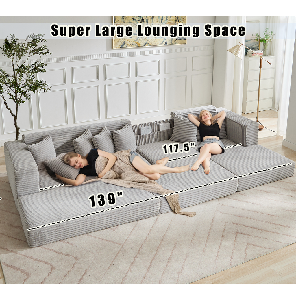 [NEW ARRIVED] [VIDEO PROVIDED] Oversize Cloud Couch, L-Shape Sofa, Convertible Floor Sleeper Sofa Bed, No Assembly ,Eight pillows,3-in-1,Magazine bag,(Right Facing Sofa),3 Seat,Corduroy,Light Gray