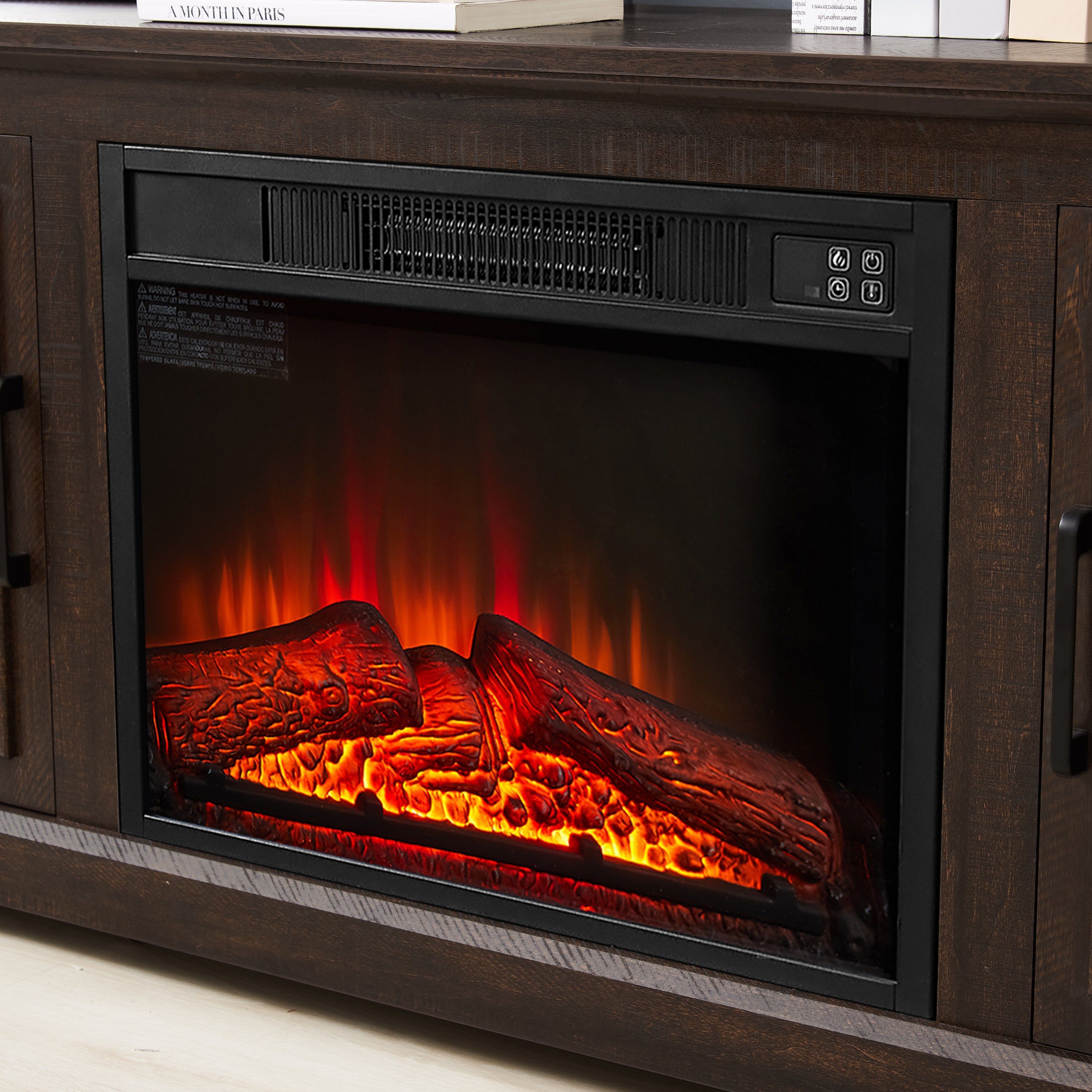 Natural Rattan Door Cabinet with Adjustable Shelf Wood, Farmhouse Rattan TV Stand Console Table for TVs up to 70 Inches, Storage tv stand with 23' fireplace insert, 65'W*15.55'D*23.86'H, Espresso