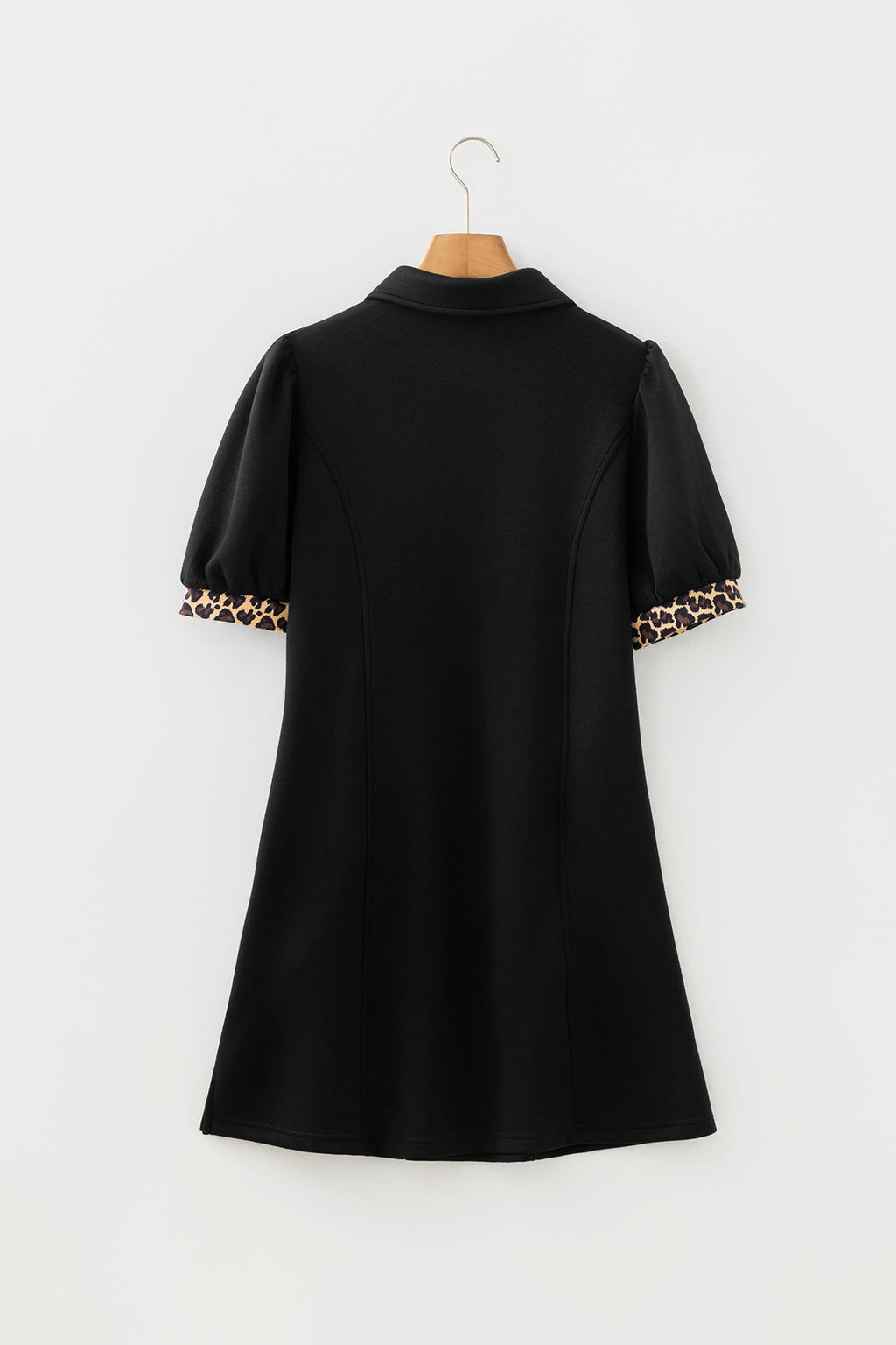 Leopard Patchwork Zip Collared Puff Sleeve Mini Dress