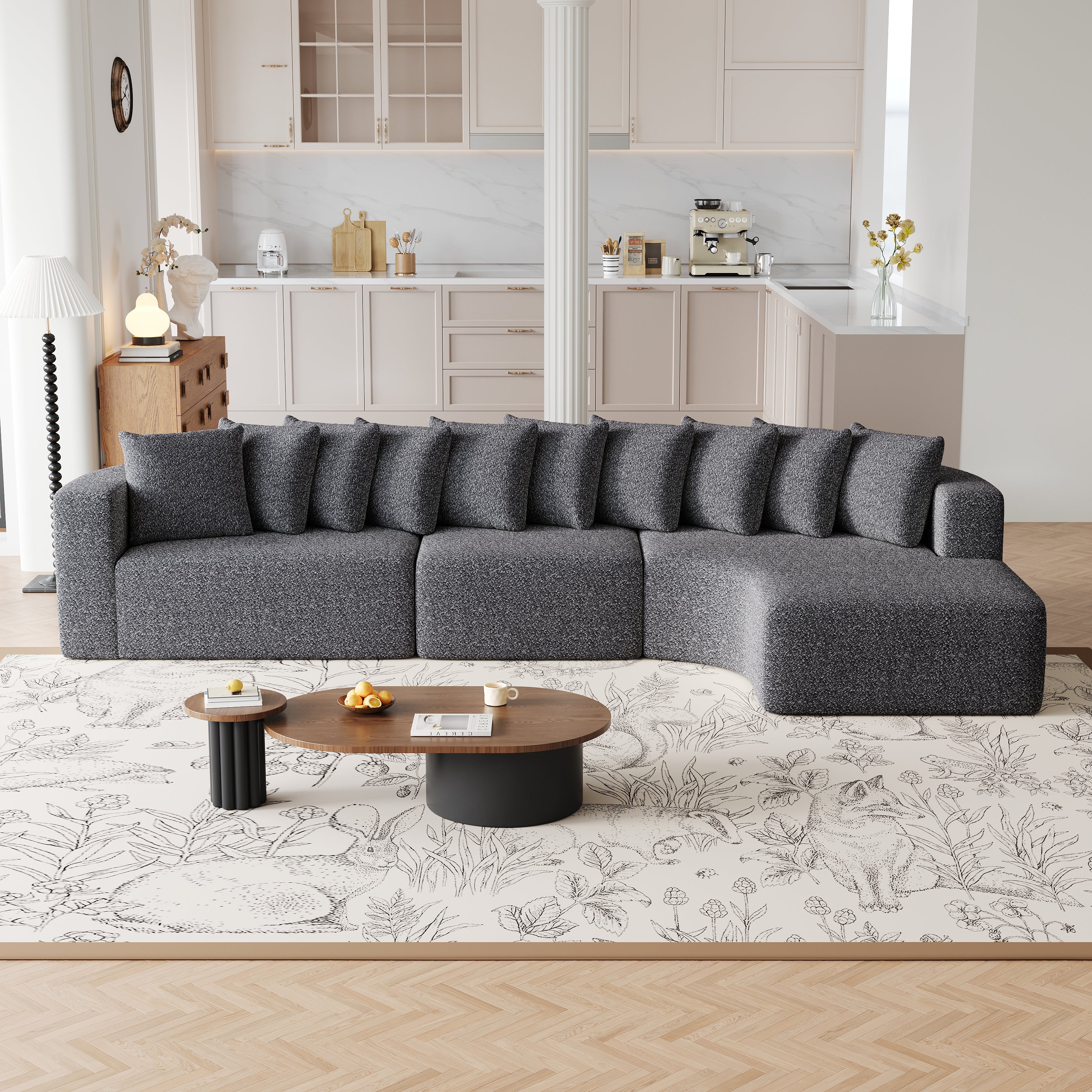 131.1-inch Chenille Sectional Sofa Set, Modern Cloud-Shaped Curved Sofa, Includes 10 Pillows, Living Room Fabric Corner Sofa, L-Shaped Modular Sofa (Right Chaise)