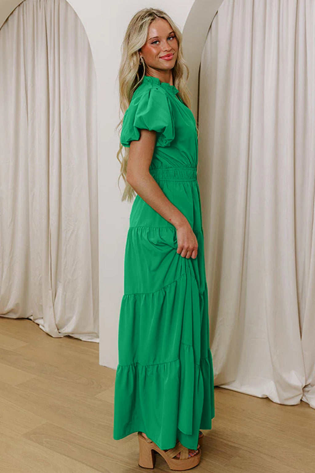 Solid V-Neck Short Puff Sleeve Tiered Maxi Dress