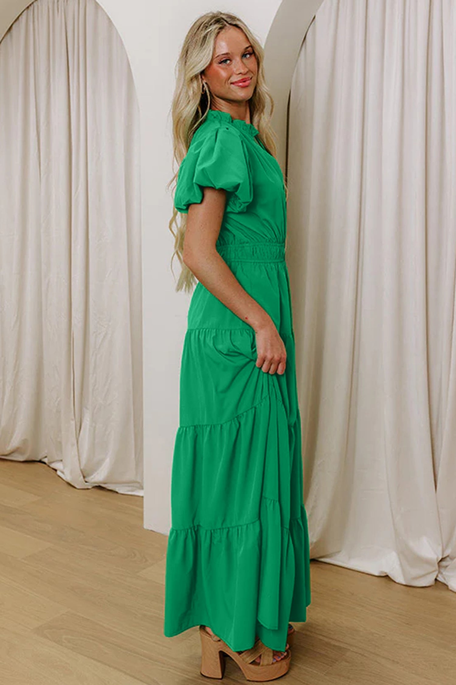 Solid V-Neck Short Puff Sleeve Tiered Maxi Dress