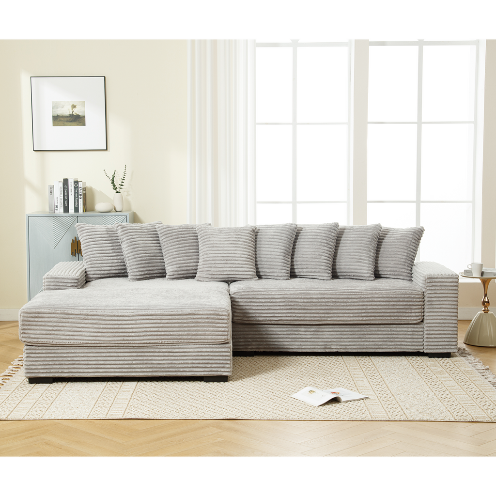[NEW ARRIVED] [VIDEO PROVIDED] Oversized Two-Piece  Couches,  L Shaped Sofa, Corduroy, Left Chaise Daybed,with Armrests,Eight Throw Pillows,Corner Sofa,Easy To Assemble,  Gray