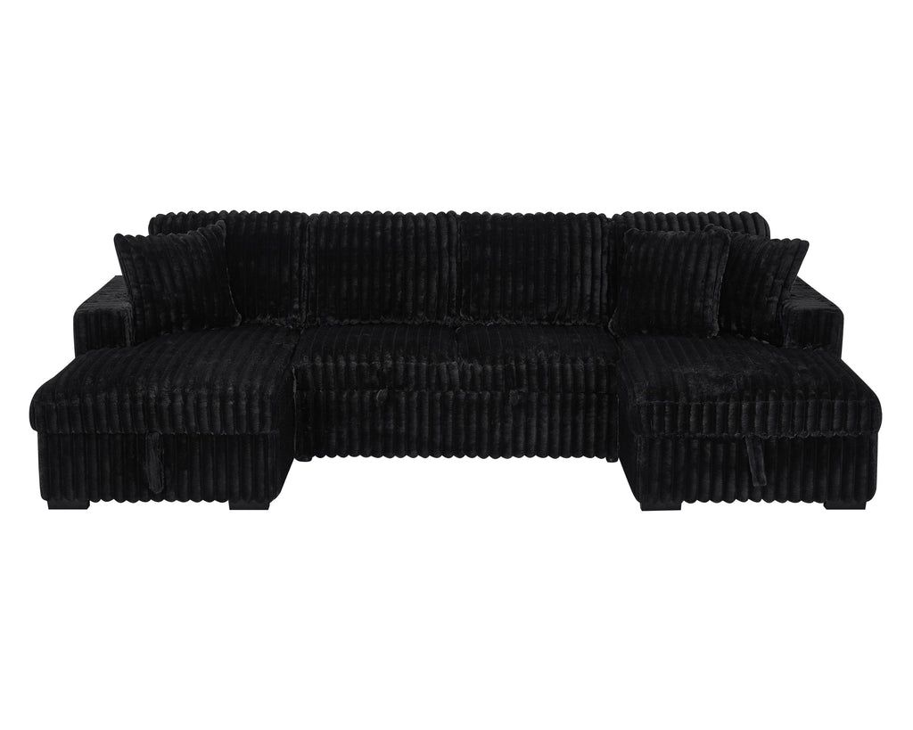 U Shaped Sleeper Sofa, 122 inch Overisze - 2 in 1 Pull Out Bed, Sectional Sleeper Sofa with Double Storage Chaise for Living Room, Rabbit plush Corduroy Fabric Couch, Black