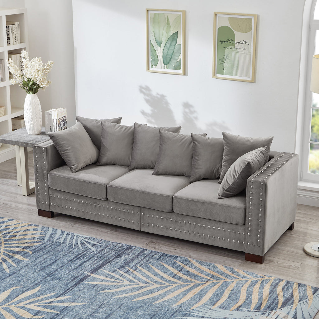 Modern Design Living Room Sofa 2+3 Seater Square armrest with Silver Nails Decoration Upholstered Velvet Couch Grey