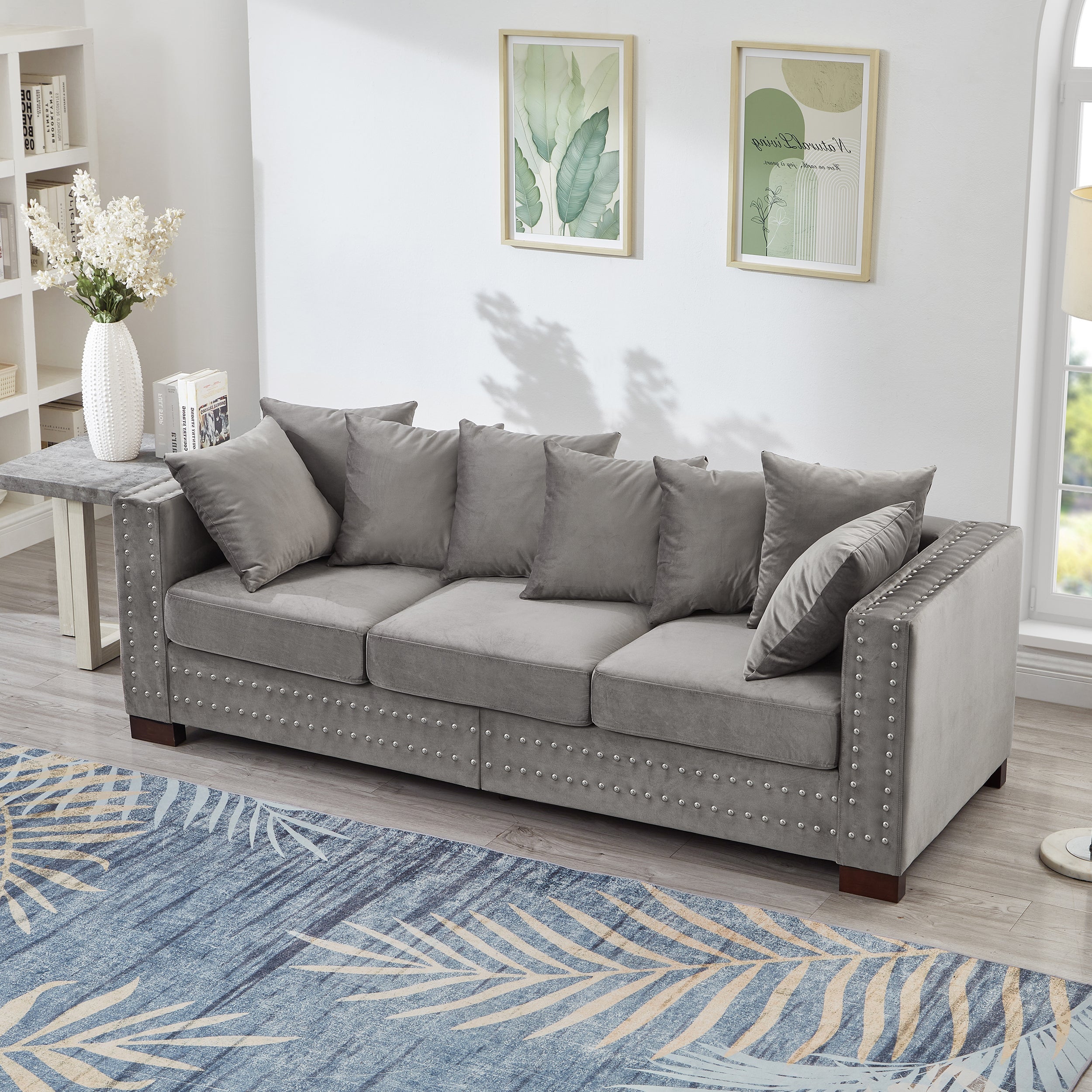 Modern Design Living Room Sofa 2+3 Seater Square armrest with Silver Nails Decoration Upholstered Velvet Couch Grey