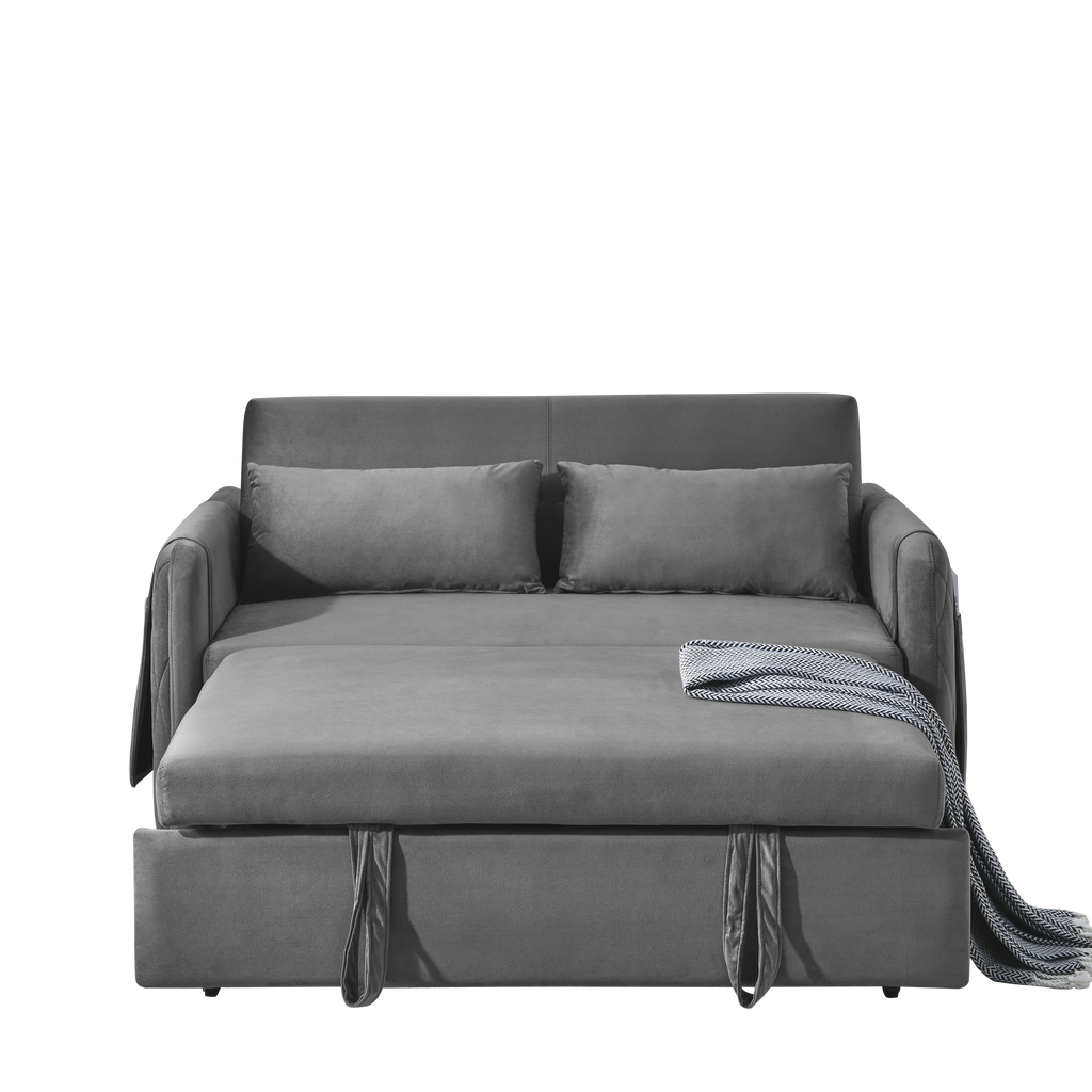 55' Modern Convertible Sofa Bed with 2 Detachable Arm Pockets, Velvet Loveseat Sofa with Pull Out Bed, 2 Pillows and Living Room Adjustable Backrest, Grid Design Armrests