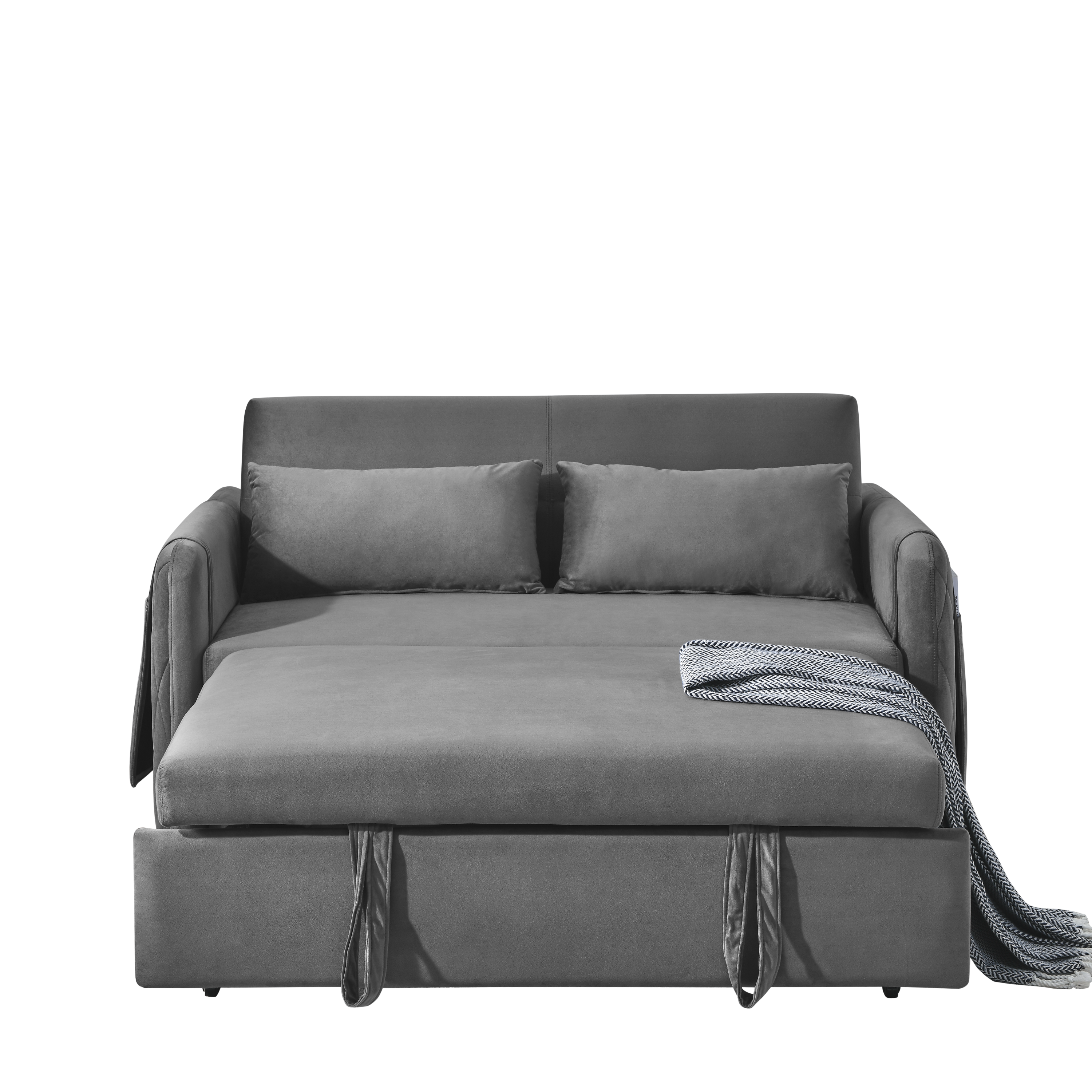 55' Modern Convertible Sofa Bed with 2 Detachable Arm Pockets, Velvet Loveseat Sofa with Pull Out Bed, 2 Pillows and Living Room Adjustable Backrest, Grid Design Armrests