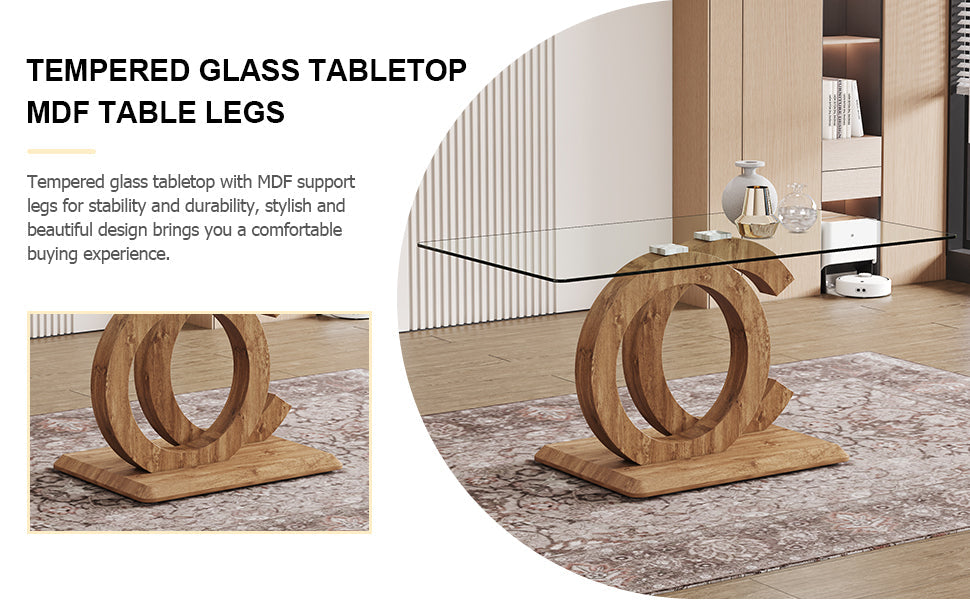 1 table and 6 chairs set.63'x35.4x30' Rectangular Transprant Tempered glass Dining Tabletop with Wood color MDF OC shaped bracket.Paired with 6 brown technology fabric dining chairs.W1151S02013