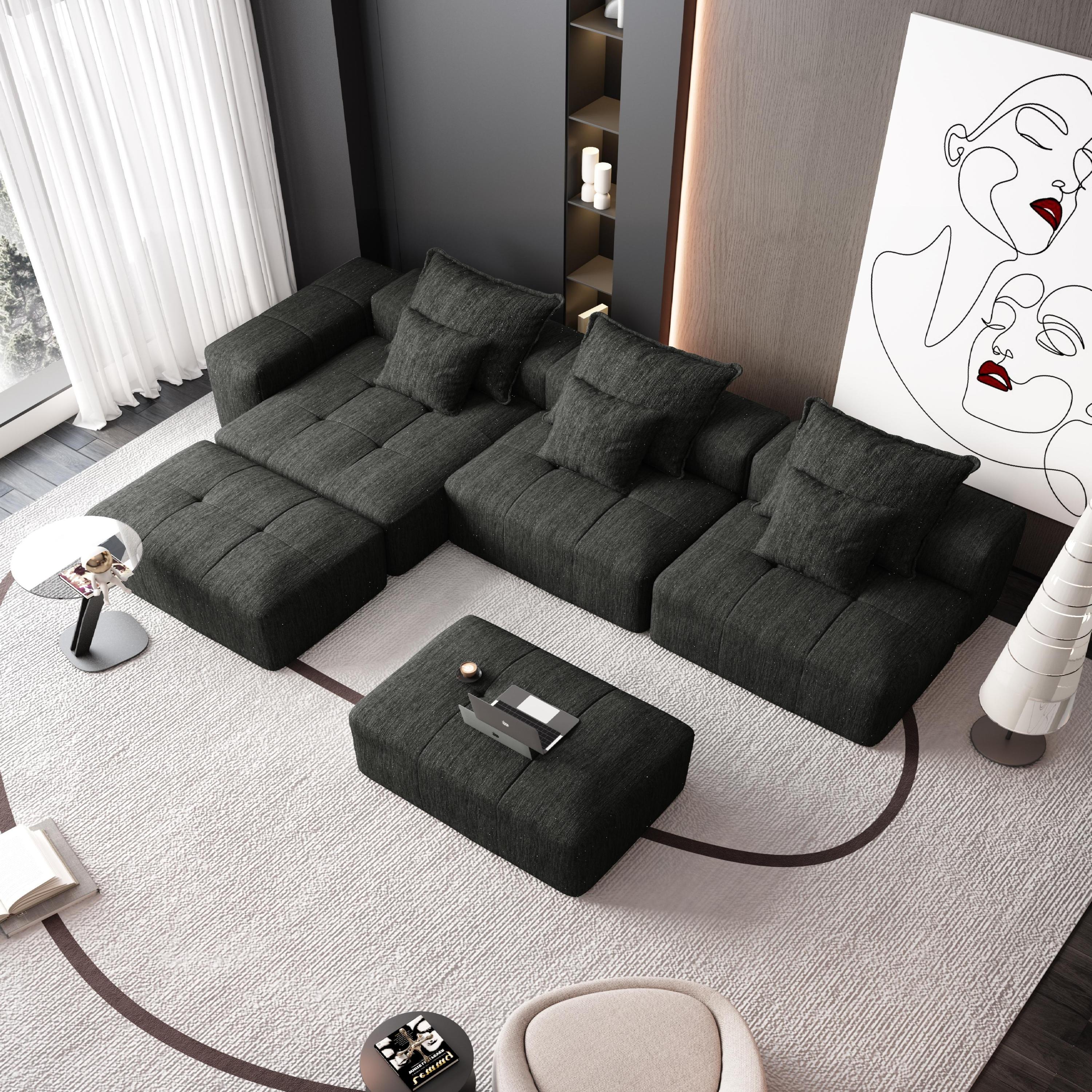 Modern Oversized Modular Sectional Sofa, Sparkling Chenille Fabric Soft Cushion Sofa with 6 Pillows, 6 PCS DIY Combination Tufted Sofa, No Assembly Required, BLACK