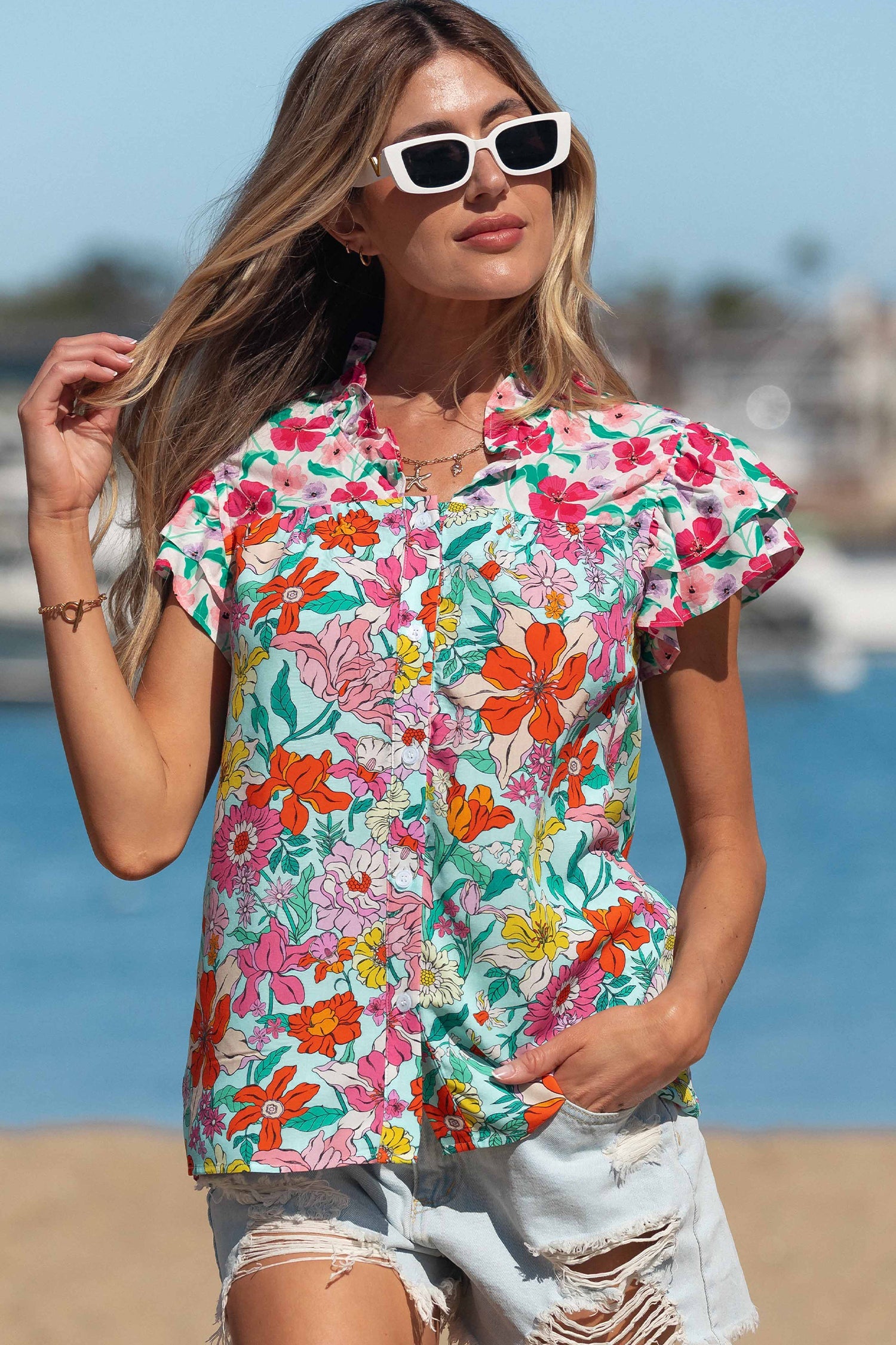 Floral Flutter Sleeve Split Neck Buttoned Blouse