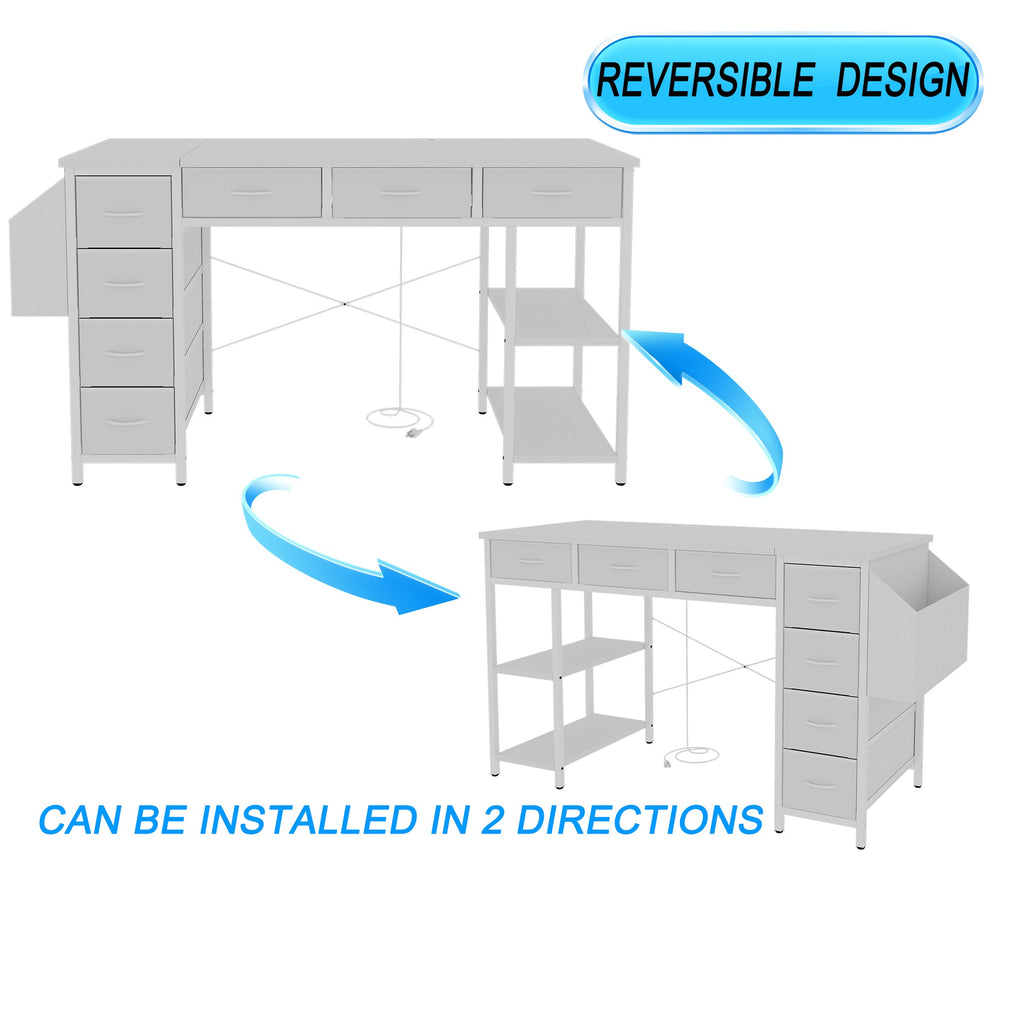 47' Computer Desk With Power Outlet,Writing Desk,Home Office desk,Vanity table with 7 Fabric Drawers, Large Side Pocket,White