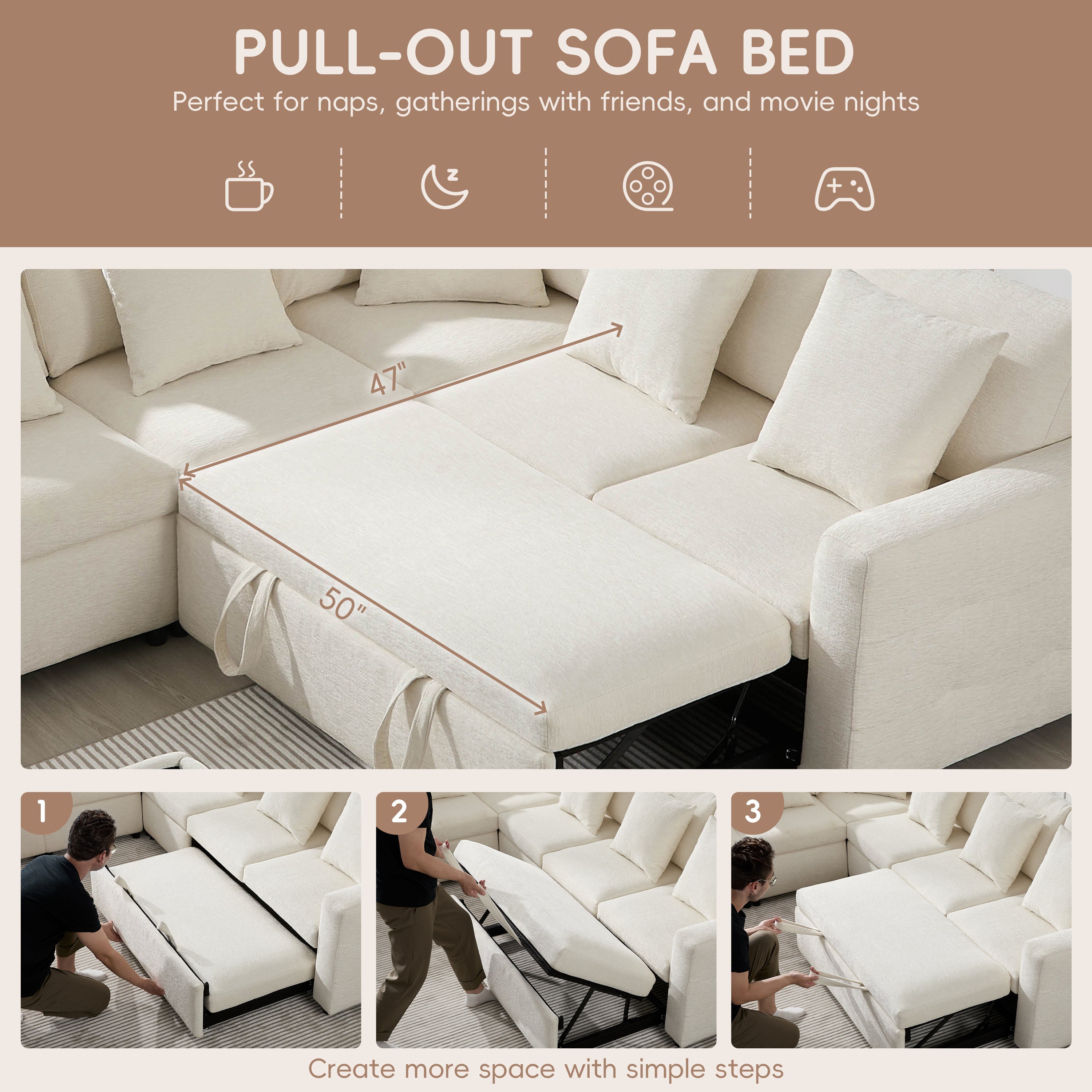 117*90'' Modular Sectional Pull-out Sofa Bed with Flip-up Table Panel, Reading Lamp, Charging Ports, Storage Ottoman, Tufted Design, 6 Pillows, Oversize & Free Combination, Chenille, 2 colors