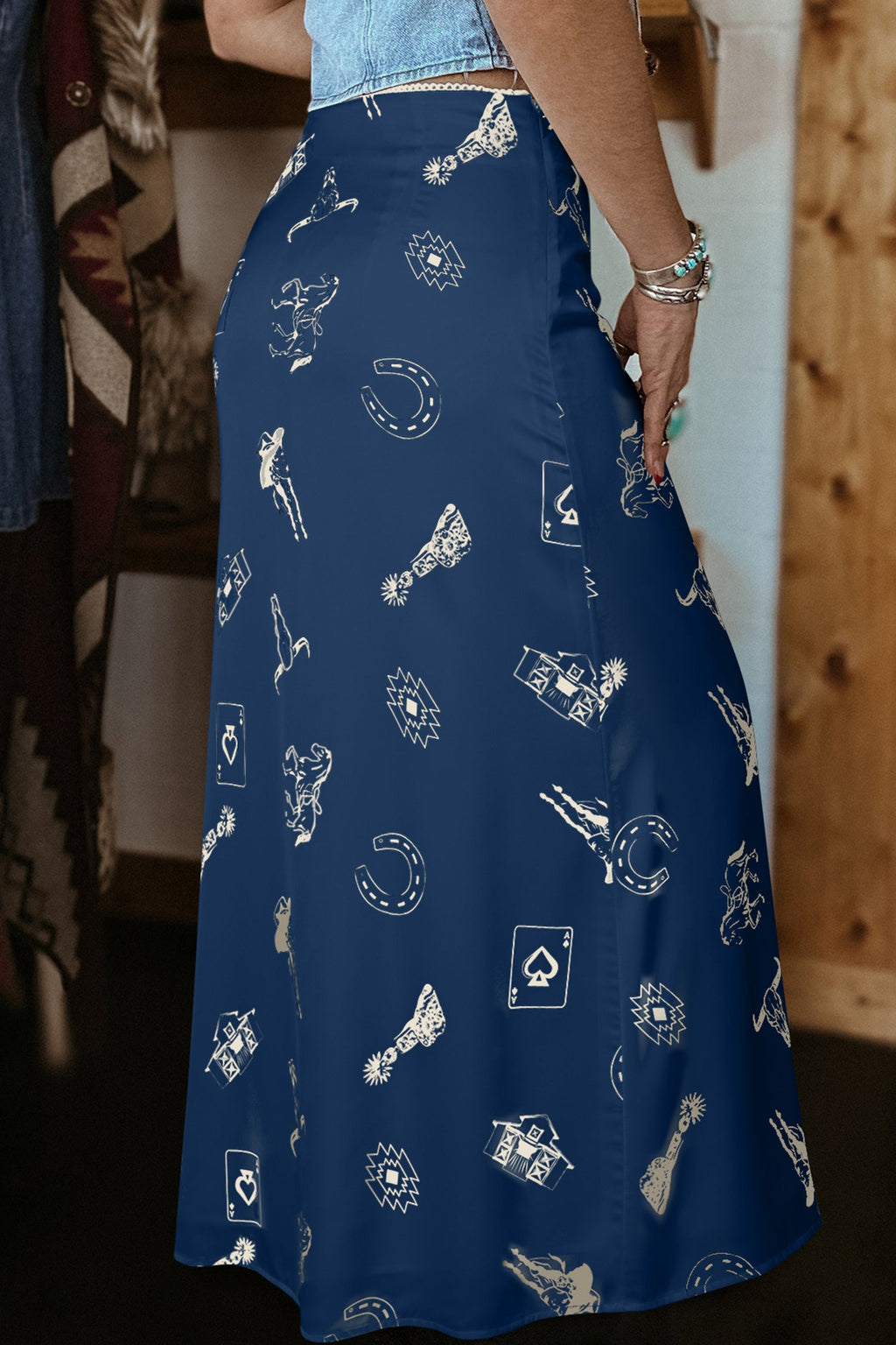 Western Lace Trim High Waist Maxi Skirt