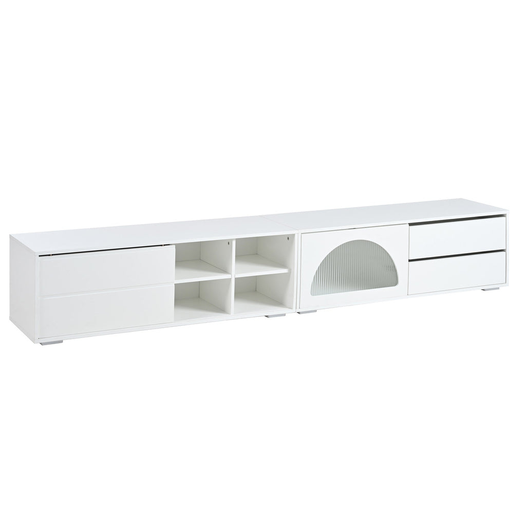 ON-TREND Modern TV Stand with Fluted Glass Door for TVs Up to 100', Media Console with Sliding Door & 2 Drawers, Free-Combination Entertainment Center with LED Light for Living Room, Bedroom, White