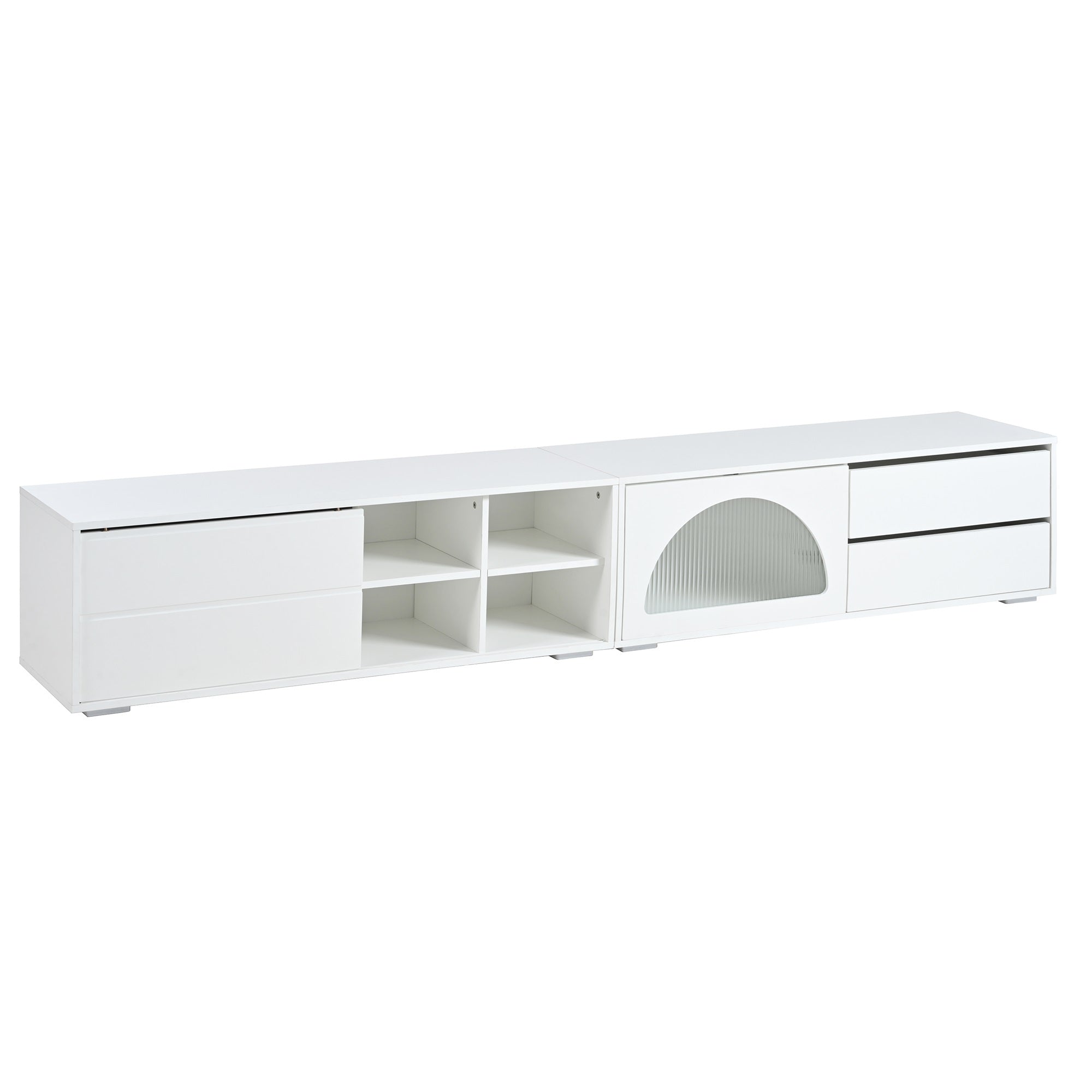 ON-TREND Modern TV Stand with Fluted Glass Door for TVs Up to 100', Media Console with Sliding Door & 2 Drawers, Free-Combination Entertainment Center with LED Light for Living Room, Bedroom, White