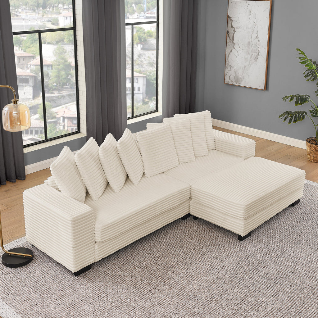 Corduroy Tufted Upholstered Sleeper Sectional Sofa, L-Shaped Modular Convertible Sofa , Can freely change the position of the footrests-Beige(Assembly is required)