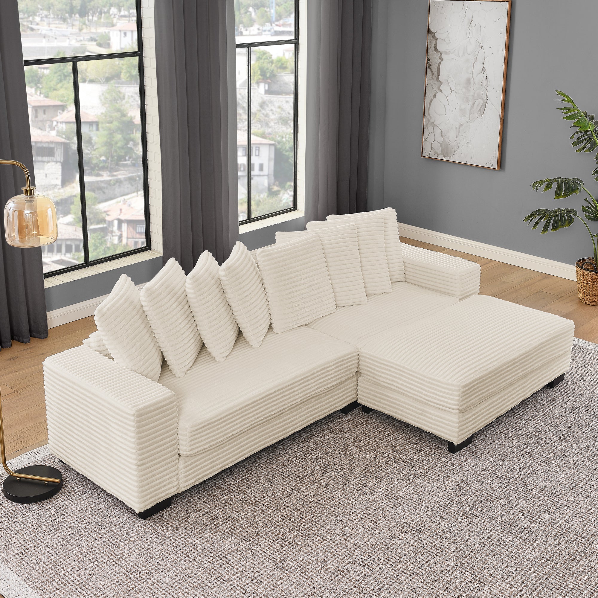 Corduroy Tufted Upholstered Sleeper Sectional Sofa, L-Shaped Modular Convertible Sofa , Can freely change the position of the footrests-Beige(Assembly is required)