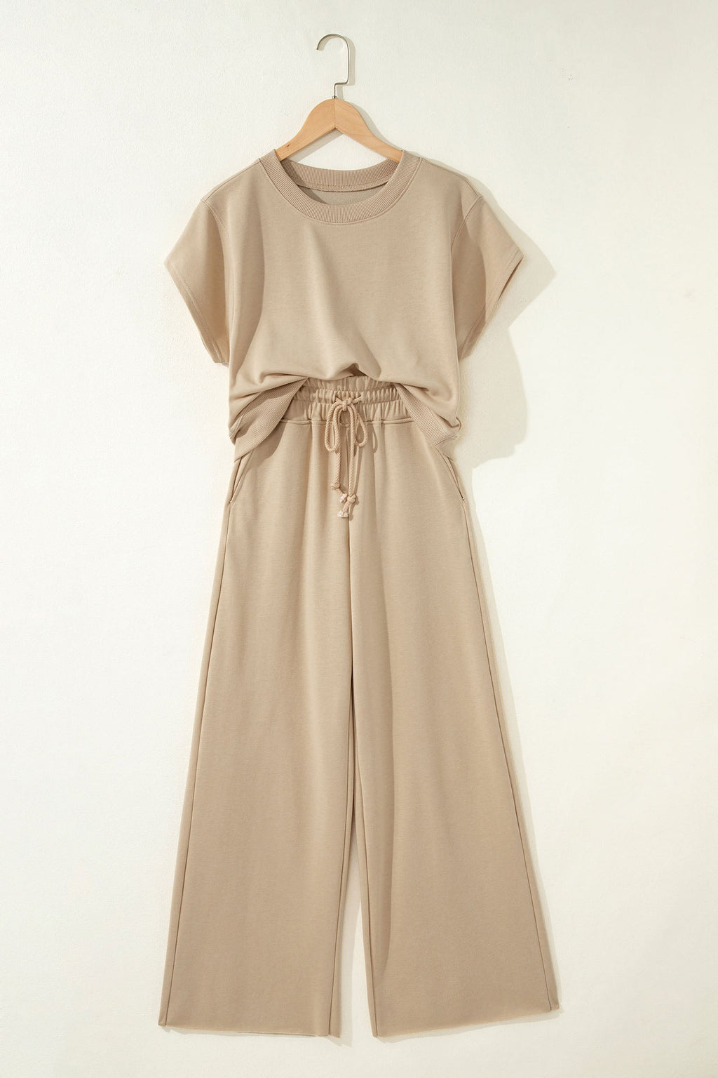 Solid Tee & Wide Leg Raw Hem Pants Set