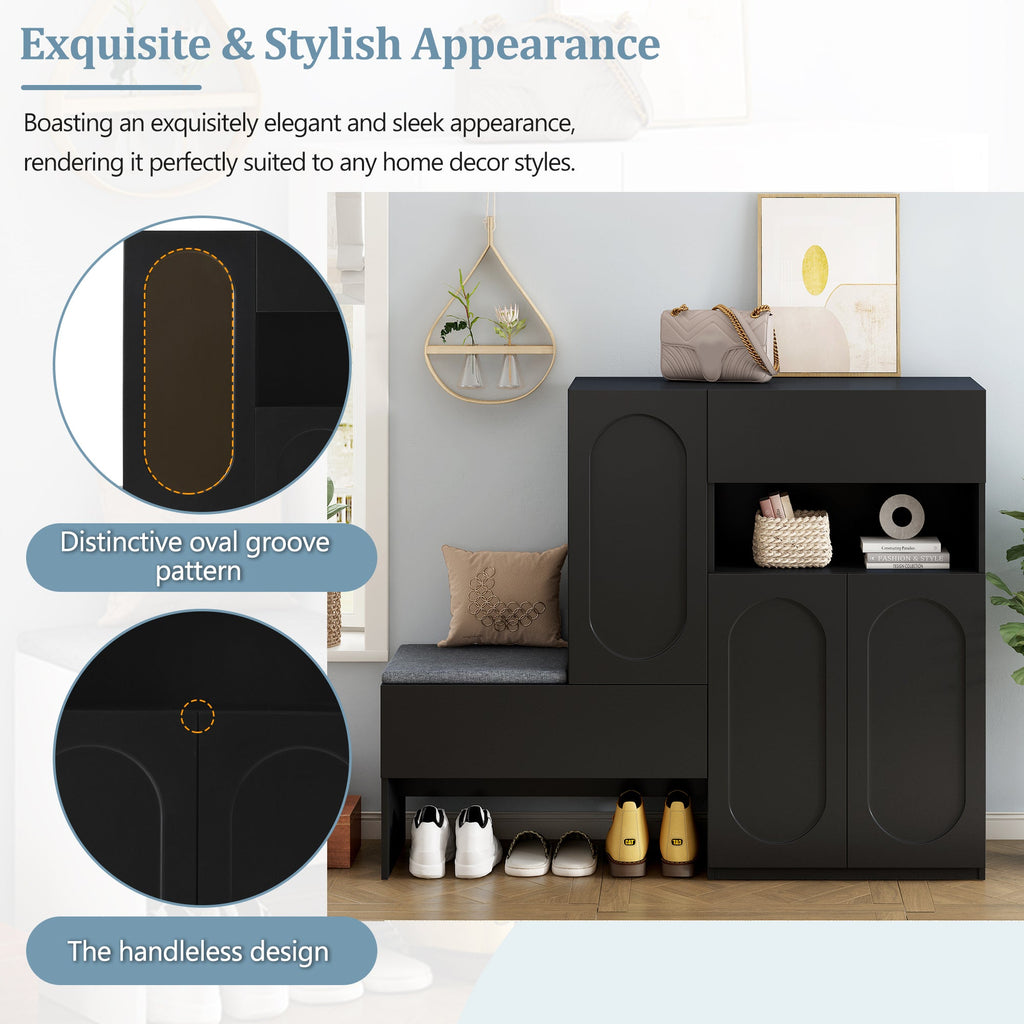 Elegant 2-in-1 Shoe Cabinets with Soft Cushion , Modern Narrow Storage Bench with Arched Doors & Rebound Devices, Versatile Shoe Rack Organizer with Adjustable Shelves for Hallway, Living Room, Black