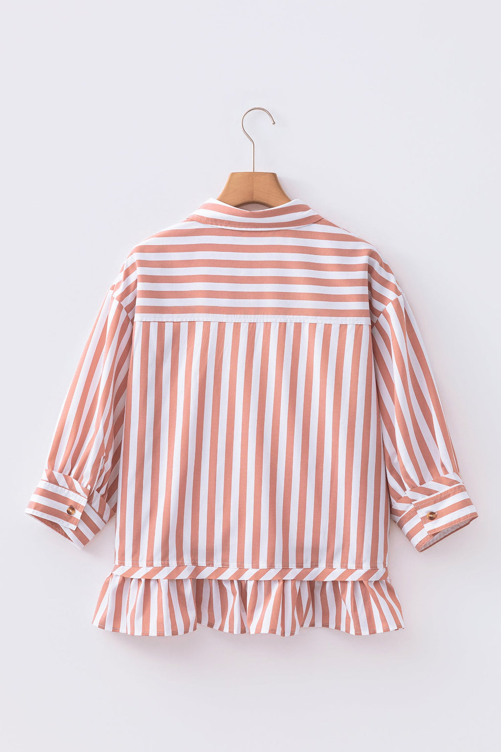 Stripe Ruffle Hem 3/4 Sleeve Buttoned Shirt