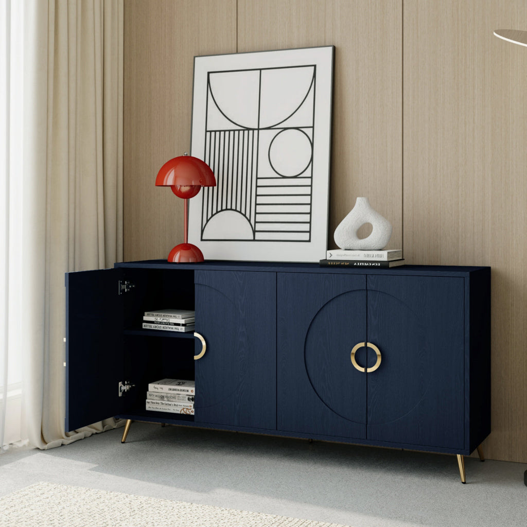 Modern Lacquered 4 Door Wooden Cabinet Sideboard Buffet Server Cabinet Storage Cabinet, for Living Room, Entryway, Hallway, Office, Kitchen and Dining Room, Navy Blue