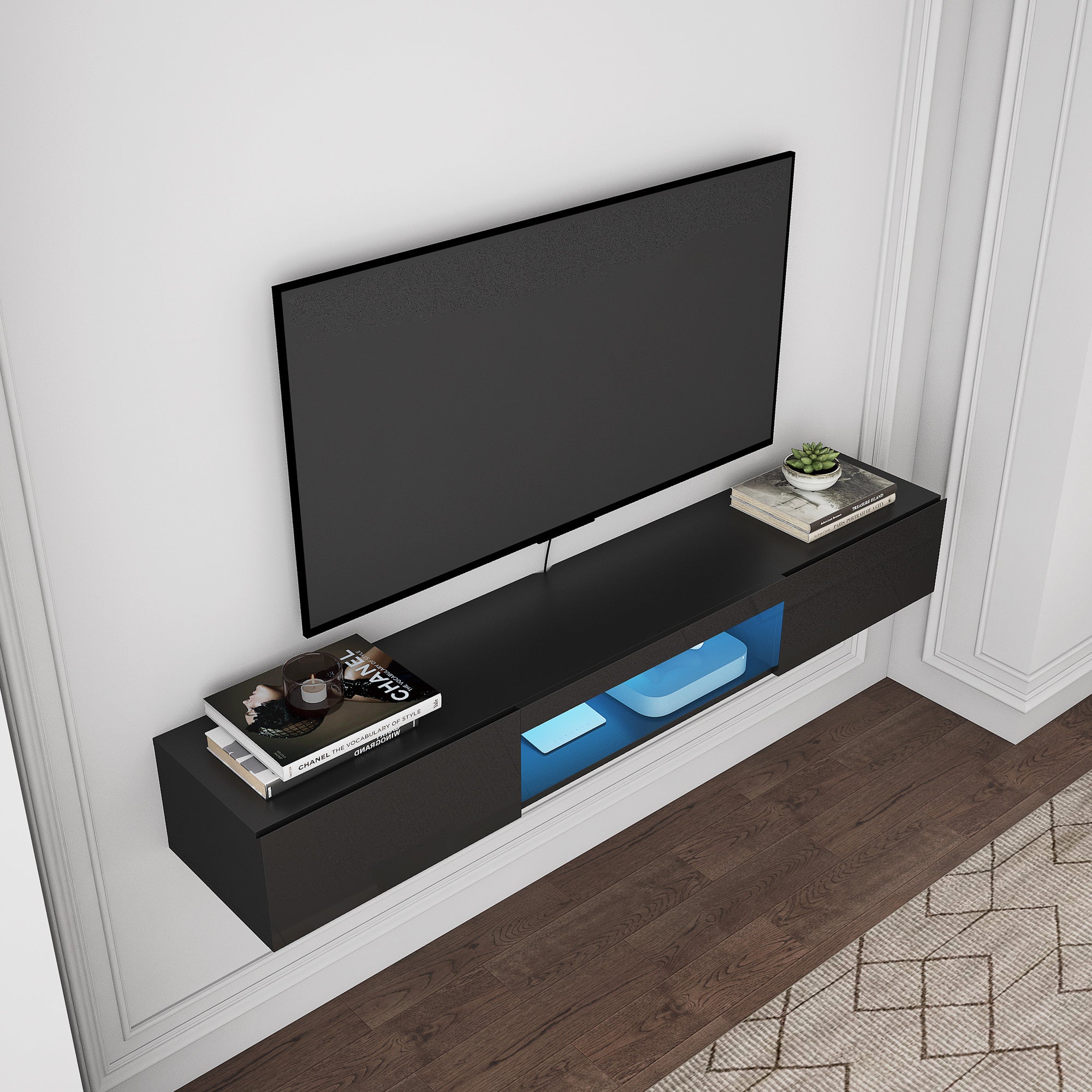 Floating TV Stand Wall Mounted with 16 Color LEDs,63' Modern TV Stand, Floating TV Cabinet Entertainment Center for 55 60 65 Inch TV,Black