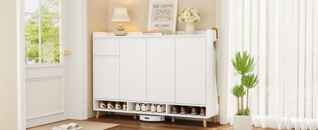 ON-TREND Sleek and Contemporary Shoe Cabinet with Adjustable Shelves, Minimalist Home Organizer with Solid Wood Legs, Storage Sideboard for Entryway, Living Room, White