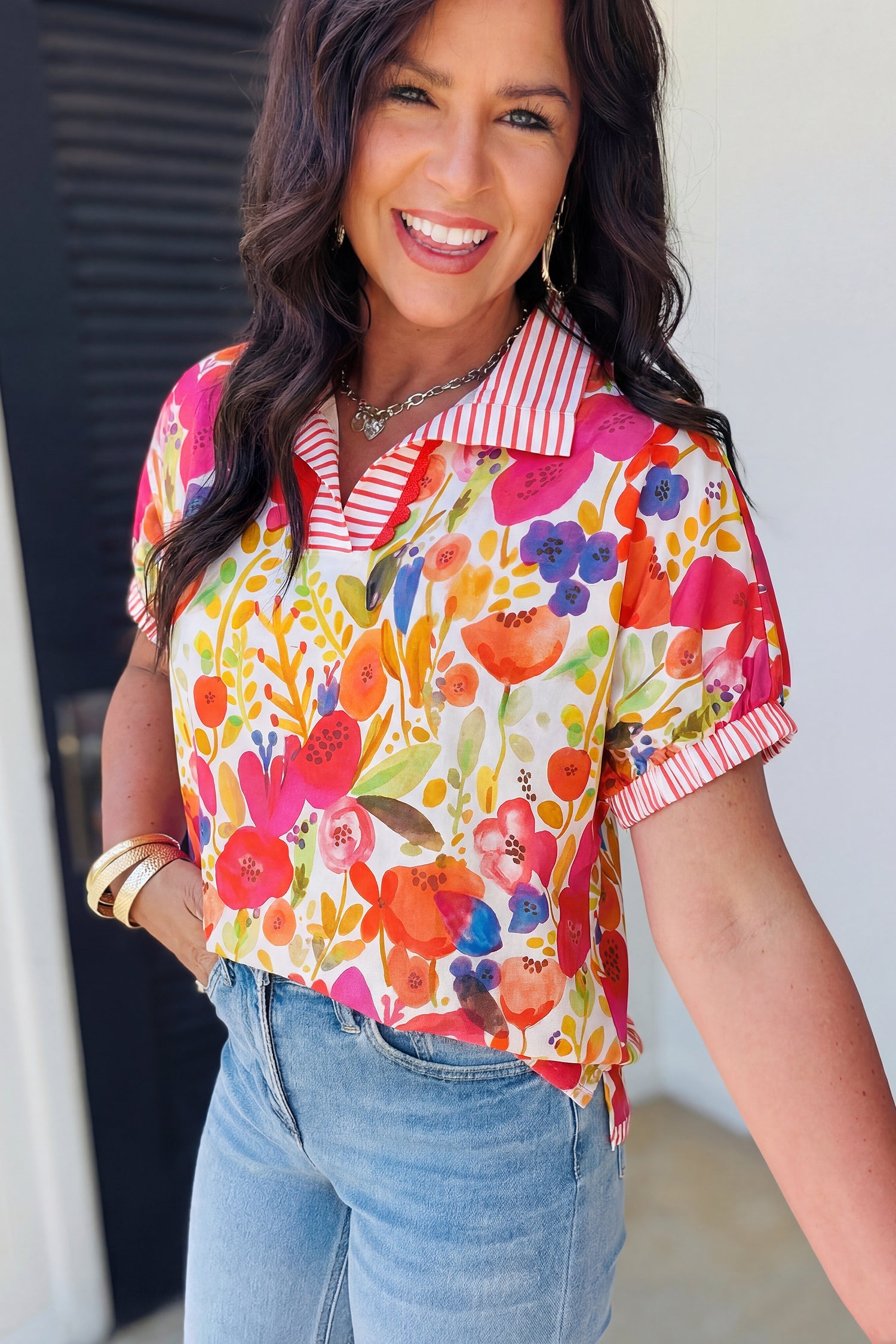 Floral Stripe Trim Collared V-Neck Blouse