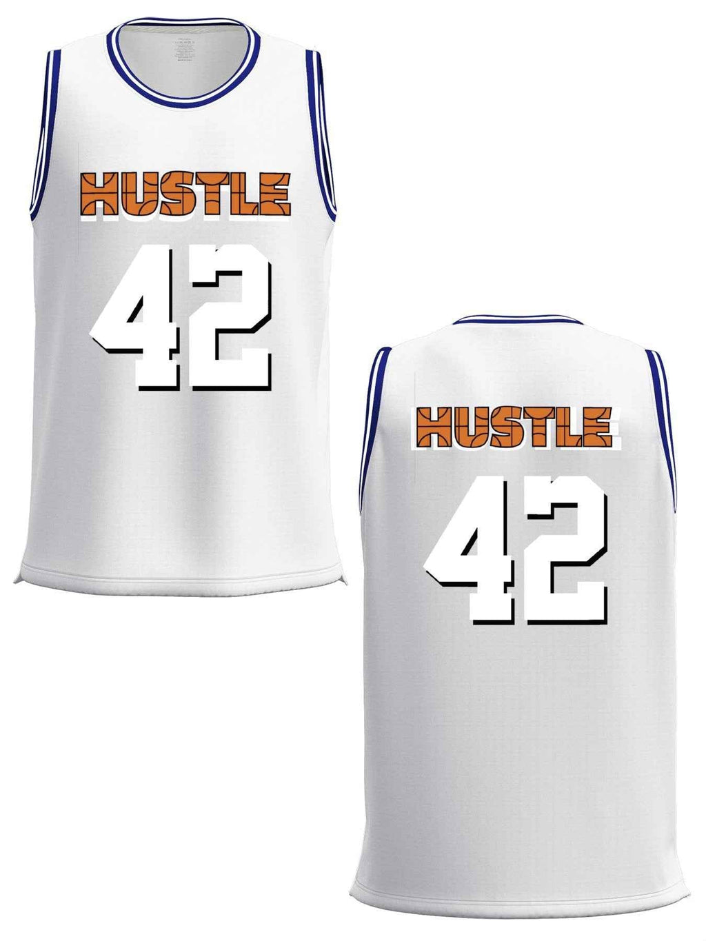 Hustle 42 Adult White with Blue Trim Basketball Jersey | Ships From USA
