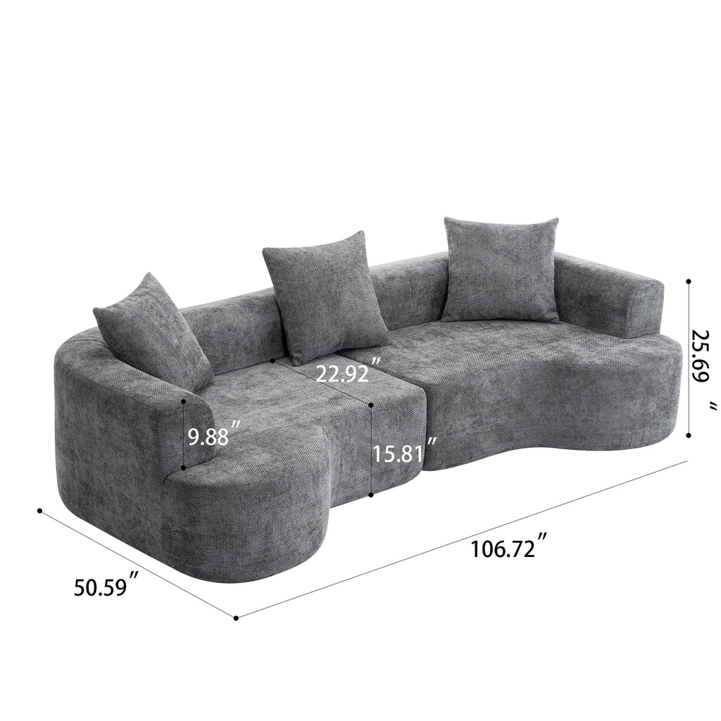 Modern Style Gray Curved Sofa, Soft Cushioned Corduroy Sofa with 3 Pillows, Living Room Cream White Super Smooth Curved Fabric Sofa