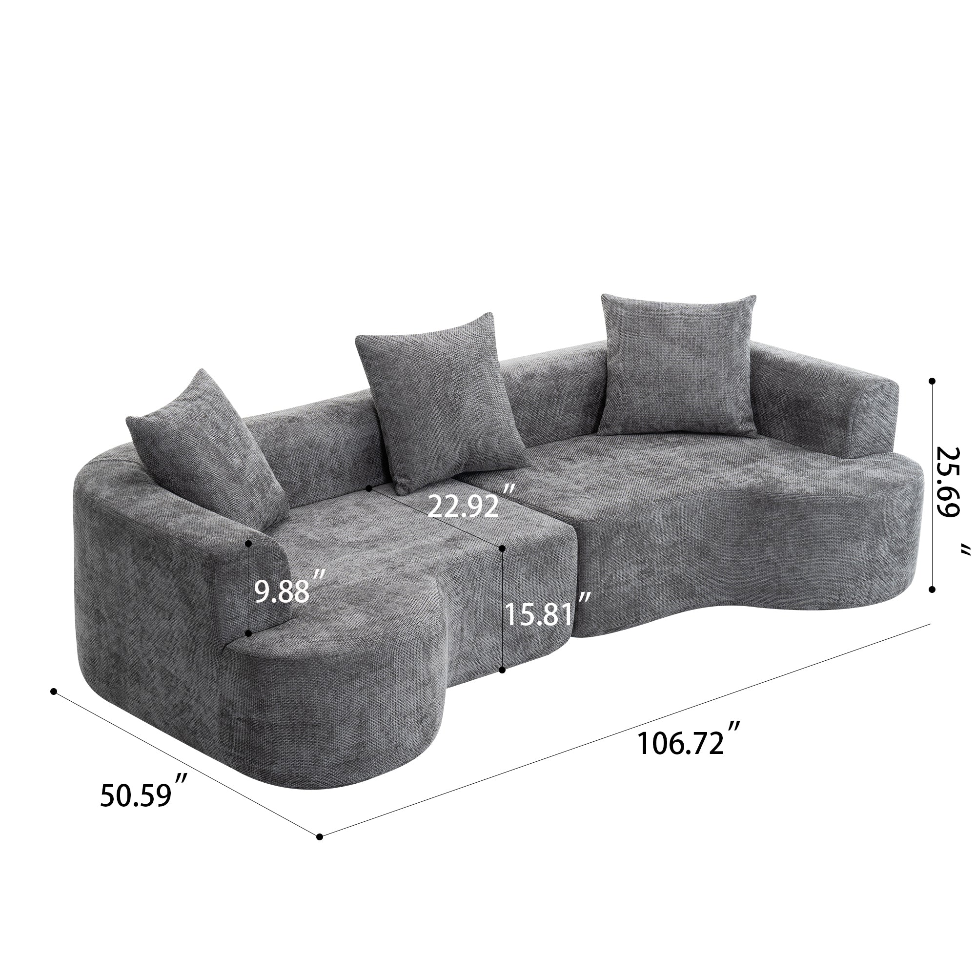 Modern Style Gray Curved Sofa, Soft Cushioned Corduroy Sofa with 3 Pillows, Living Room Cream White Super Smooth Curved Fabric Sofa