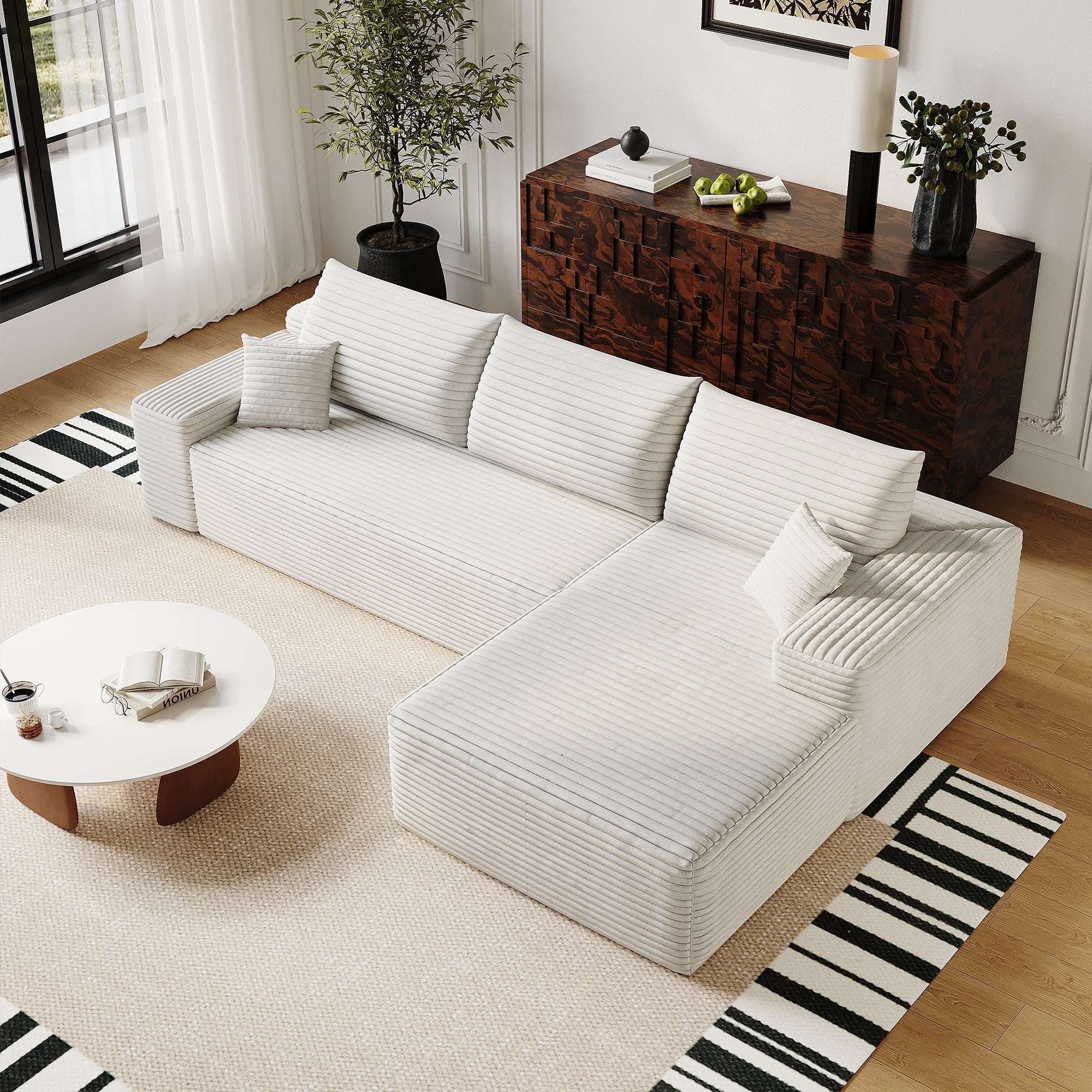 107' Cloud Sectional Couch with L-Shape Chaise,Modern Modular Sofa with Deep Seat, Upholstered Couches for Living Room Bedroom,No Assembly Required, (Plush Corduroy Fabric),White