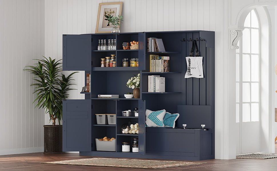 Multifunctional left-right combination hall cabinet (can be used separately) with storage and 4 hooks, storage cabinet/ hall tree 2 in 1 for living room, kitchen and hallway, antique blue