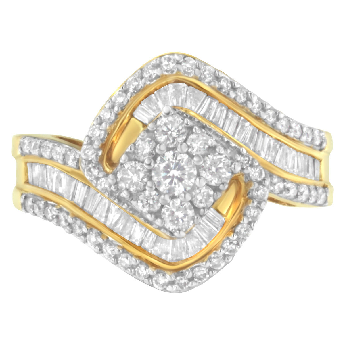 14K Yellow Gold 1.0 Cttw Baguette & Brilliant-Cut Diamond Round Floral Cluster Engagement or Fashion Ring with Swirl Wrapped Triple Row Band (H-I Color, SI2-I1 Clarity) - Size 6-3/4