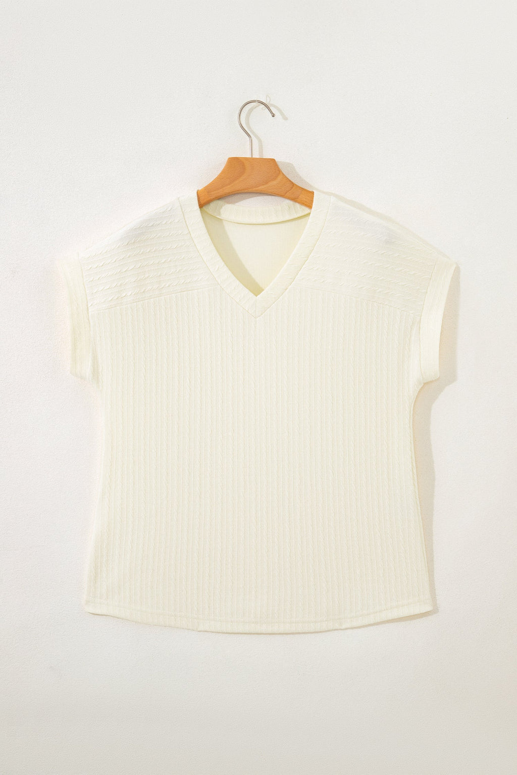 Cable Knit Textured V-Neck Short Sleeve T-Shirt