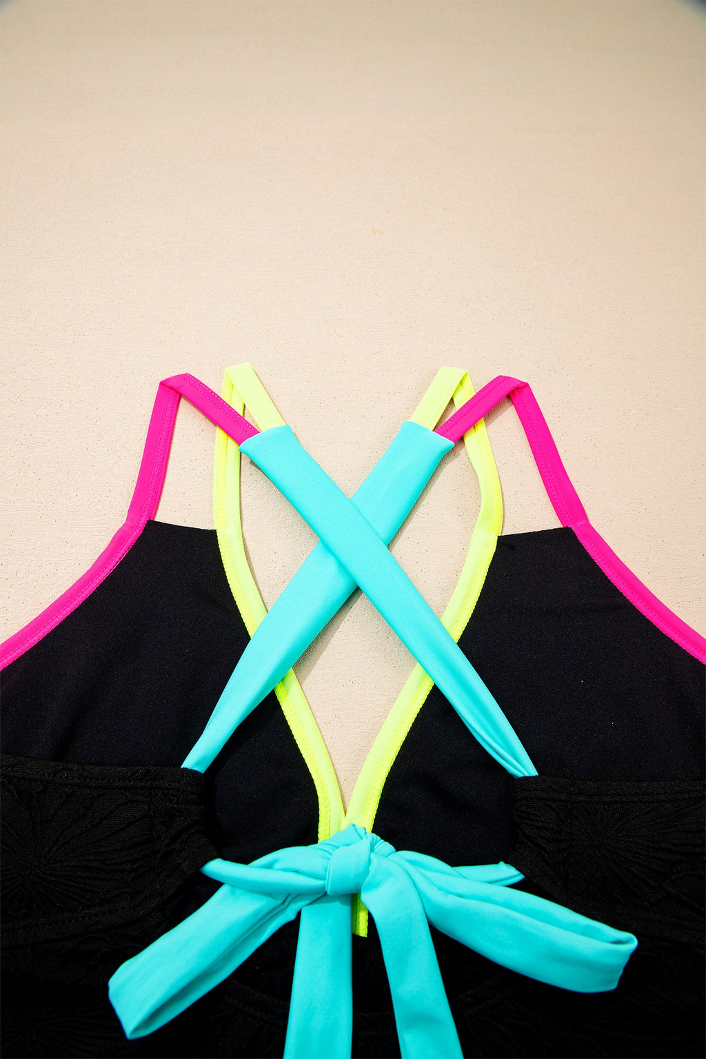 Floral Textured Neon Trim Crisscross Tankini Set