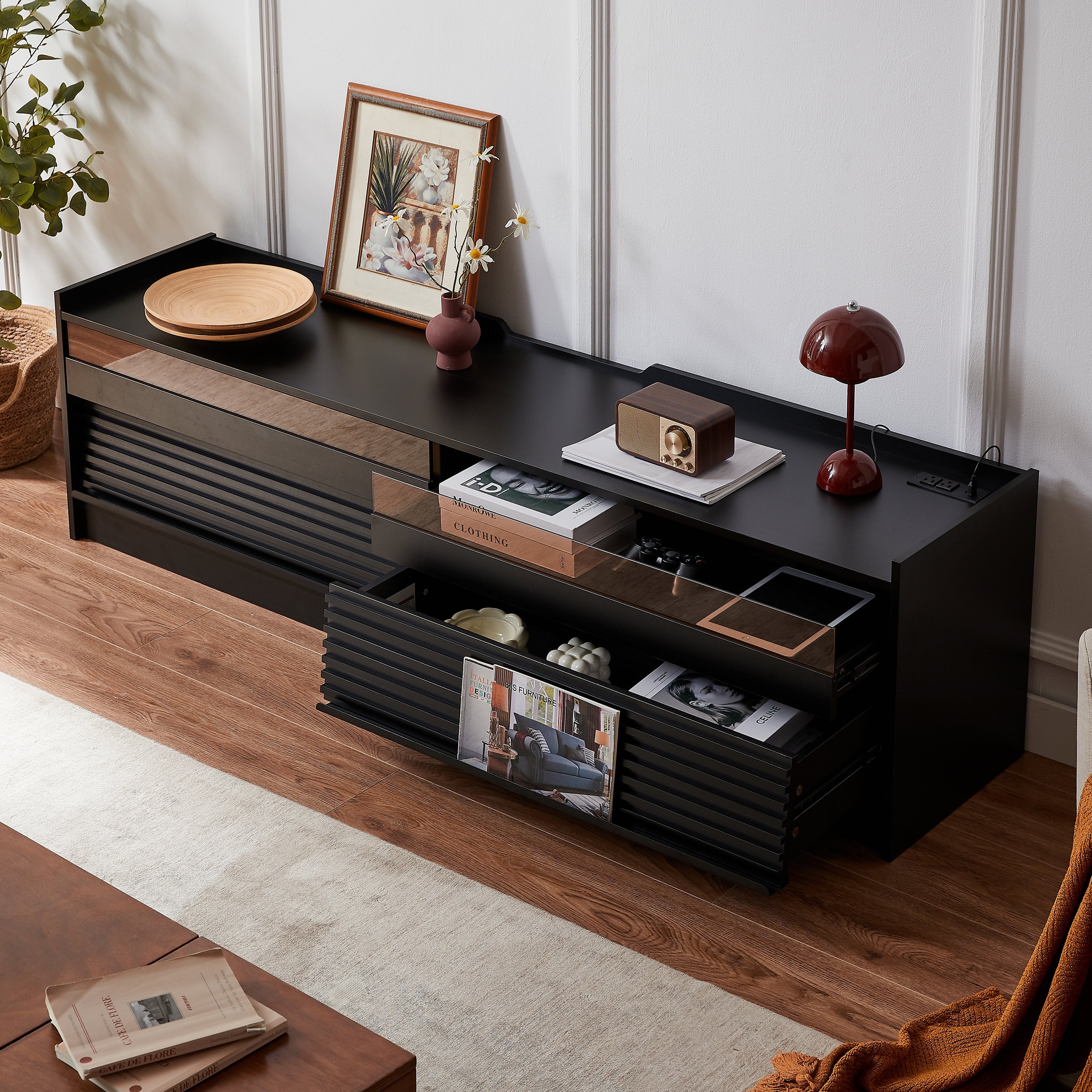 Mirod Modern TV Stand with Ample Storage,4 Drawer Design with Tempered Glass ,Built-in Charging Ports and Ambient LED Lighting ,Versatile for Any Decor Style