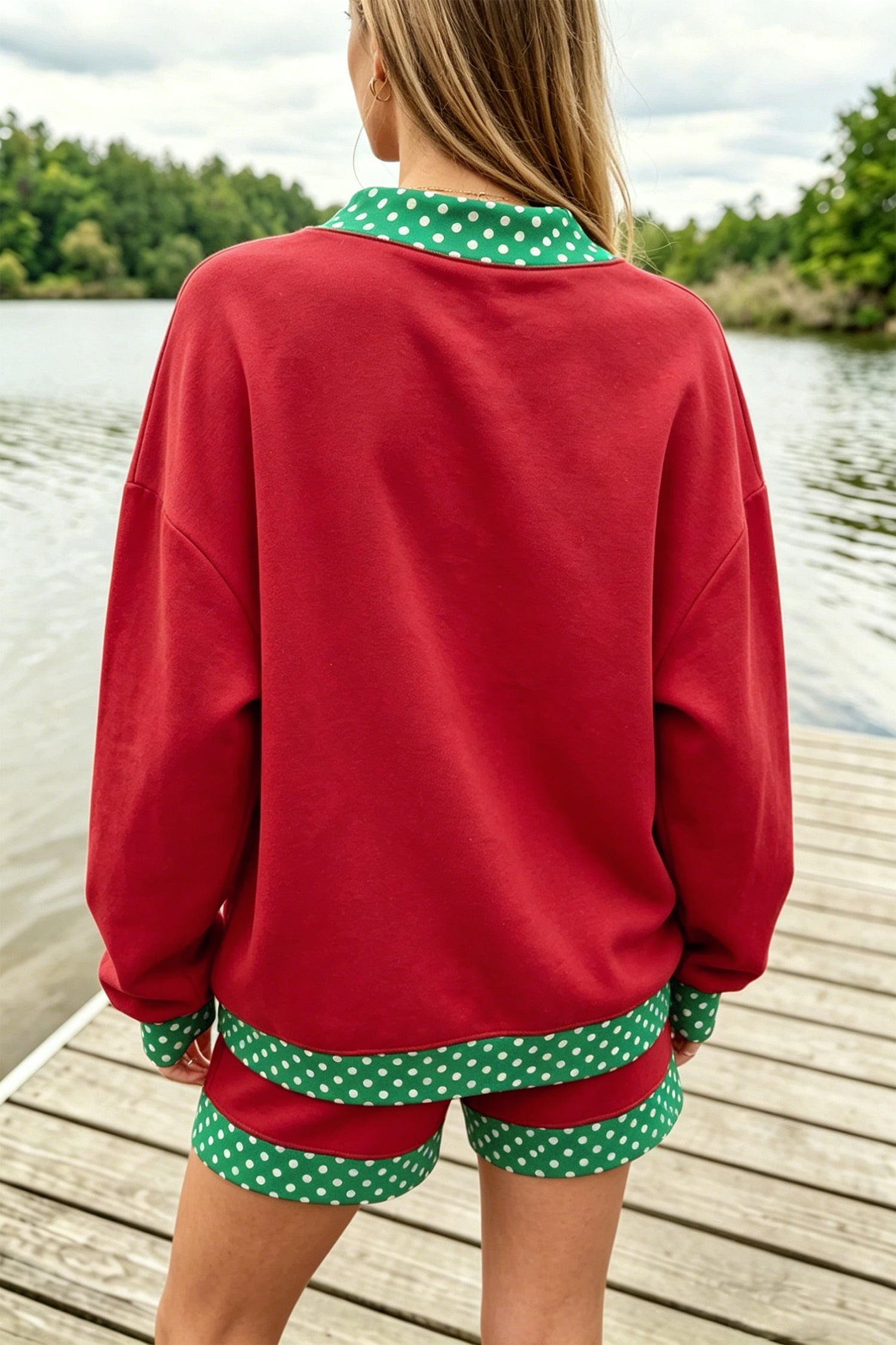 Polka Dot Contrast Trim Sweatshirt & Shorts Set