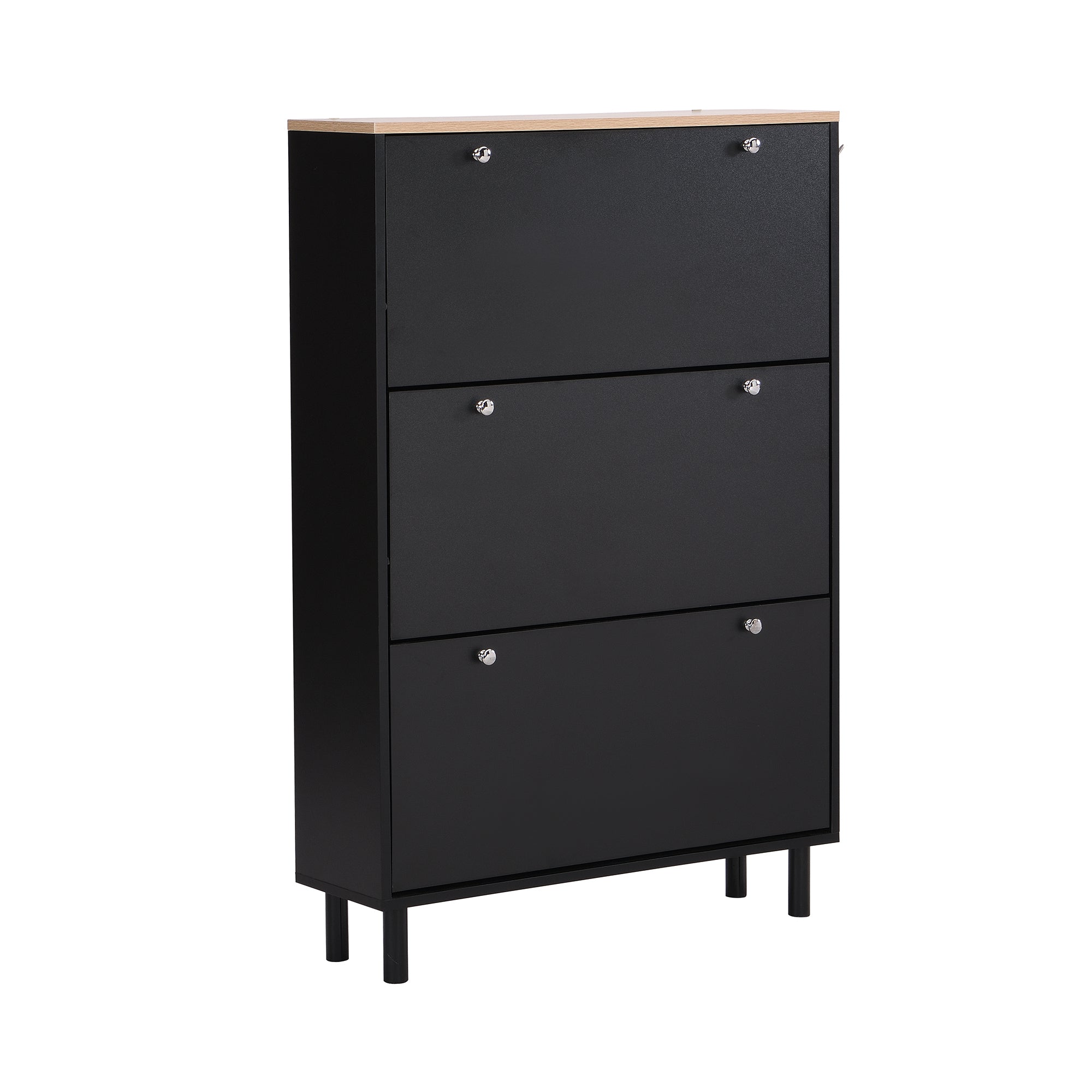 ON-TREND Narrow Design Tipping Bucket Shoe Cabinet with 3 Flip Drawers, Wood Grain Pattern Top Entryway Organizer with 3 Hooks, Free Standing Shoe Rack with Adjustable Panel for Hallway, Black