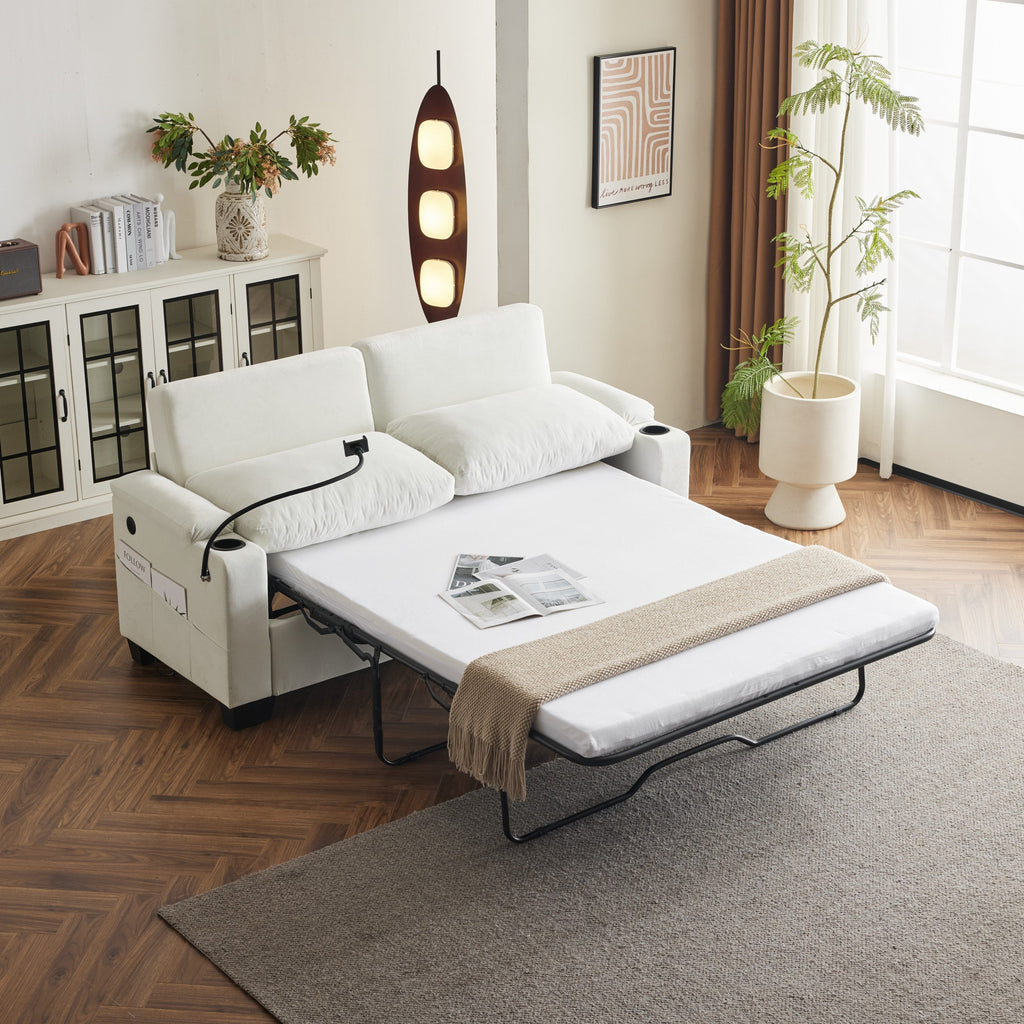 Pull-out sofa bed, chenille material, pull-out queen sofa bed, with USB charging, mobile phone holder, memory sofa, removable and washable cushions, suitable for living room, bedroom, apartment, white