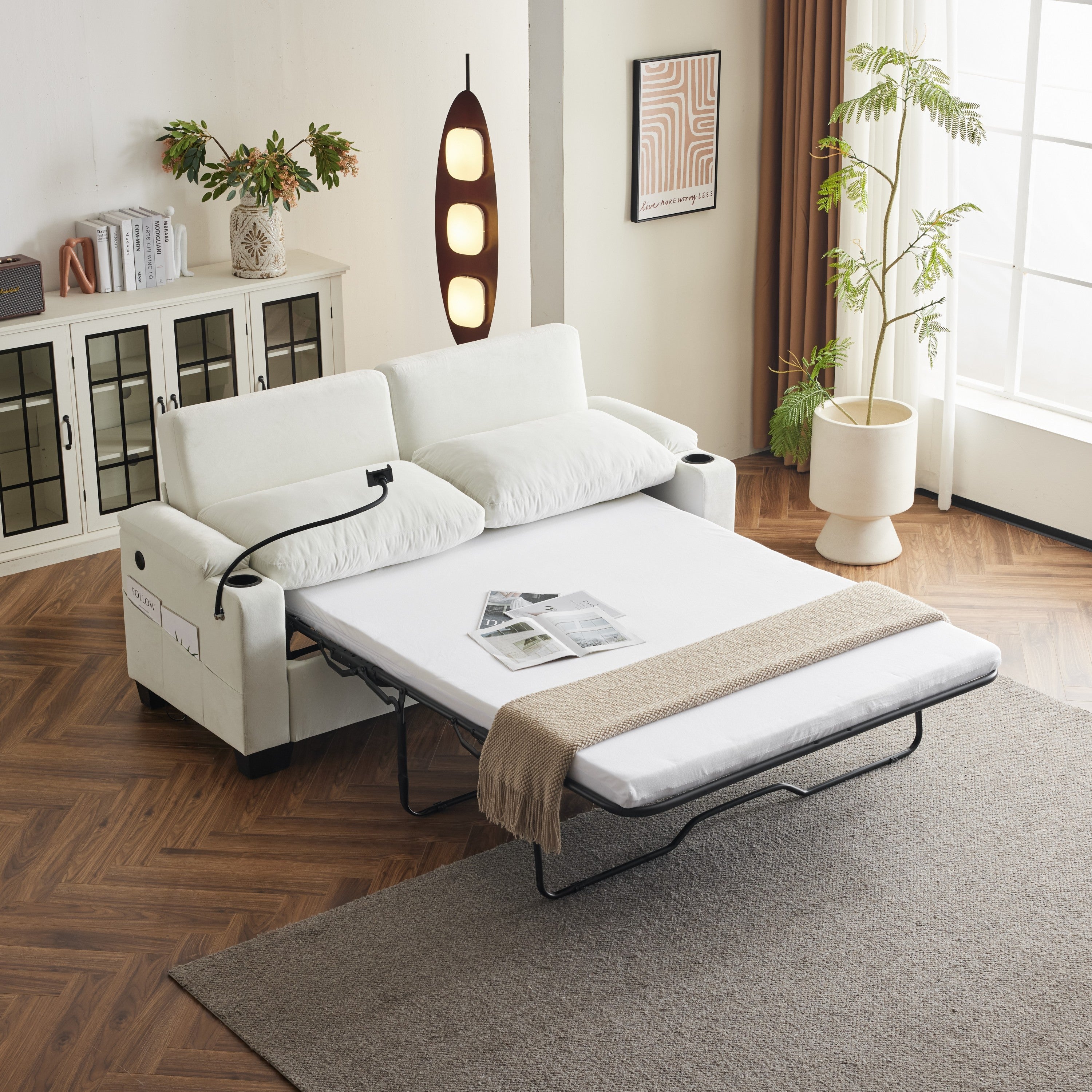 Pull-out sofa bed, chenille material, pull-out queen sofa bed, with USB charging, mobile phone holder, memory sofa, removable and washable cushions, suitable for living room, bedroom, apartment, white