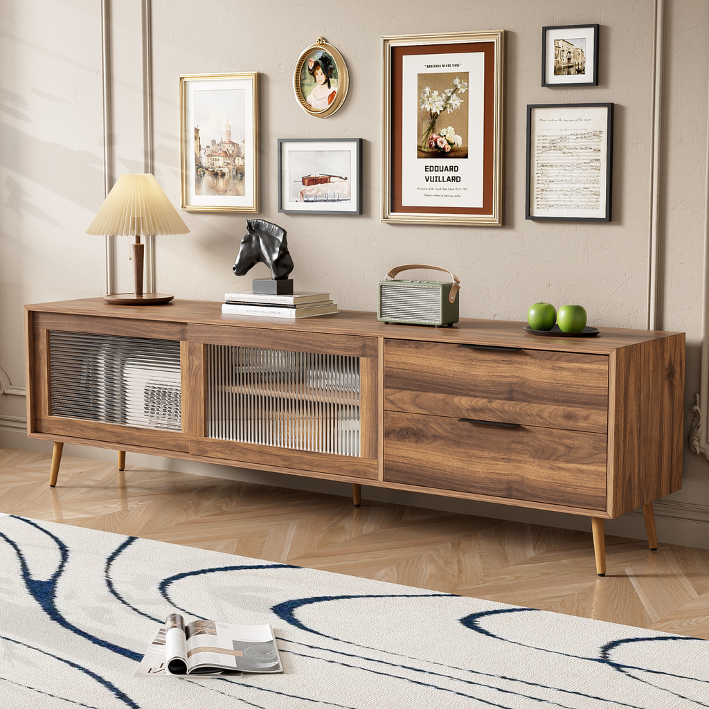 Modern TV Stand for 75'+ TV, TV Console with 2 Glass Doors, Entertainment Center with 2 Drawers & Storage Cabinet, 70' Media Console Table for Living Room, Bedroom