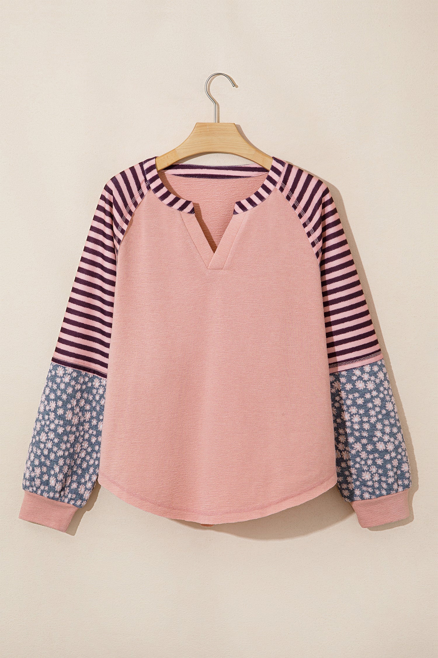 Colorblock Stripe Floral V-Neck Long Sleeve Top