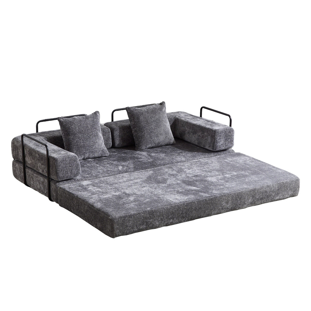 Floor Couch,Compression Sofa,Convertible Floor Sofa Bed-with Pillow Back Support Armrest,Comfy Futon Couch Lounge Sleeper Bed,Chenile fabric,for Living Room Bedroom (DARK-GREY)