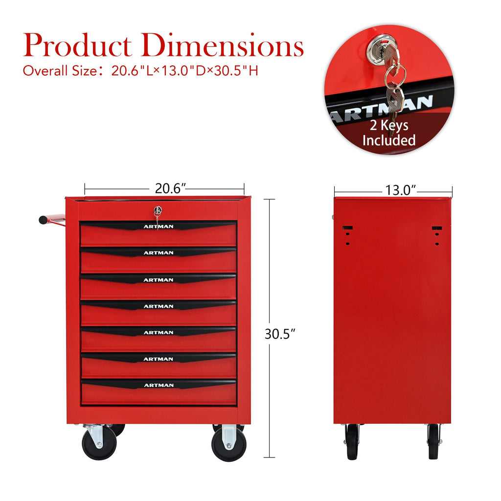 Rolling Metal Tool Chest with 7 Drawers, 20' Steel Storage Cabinet with Ball Bearing Slides, Red and Black Finish