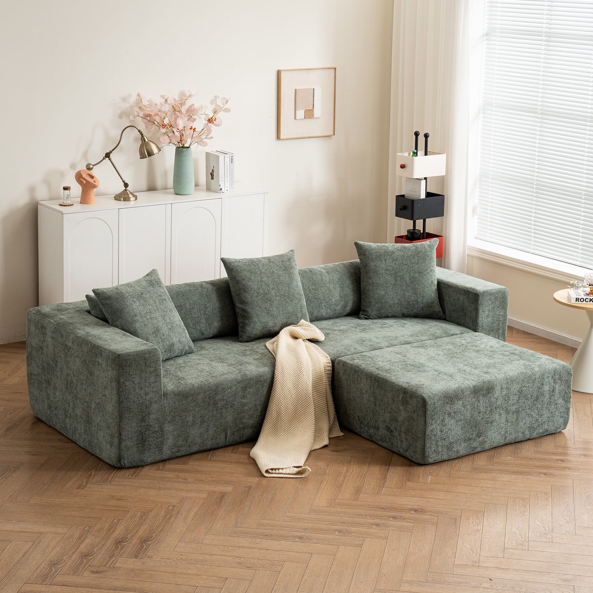 Modular cross-section with L-shaped lounge chair, cloud sofa, living room, bedroom soft cushion sofa - no installation required - chenille fabric (Green)